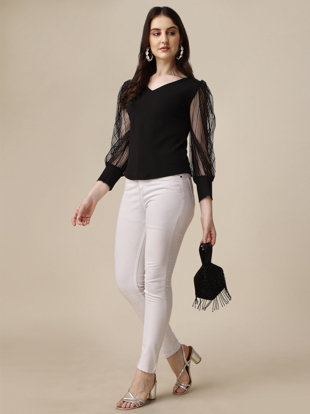 Casual Polyester Self Design Bishop Sleeve Solid Women Black Top