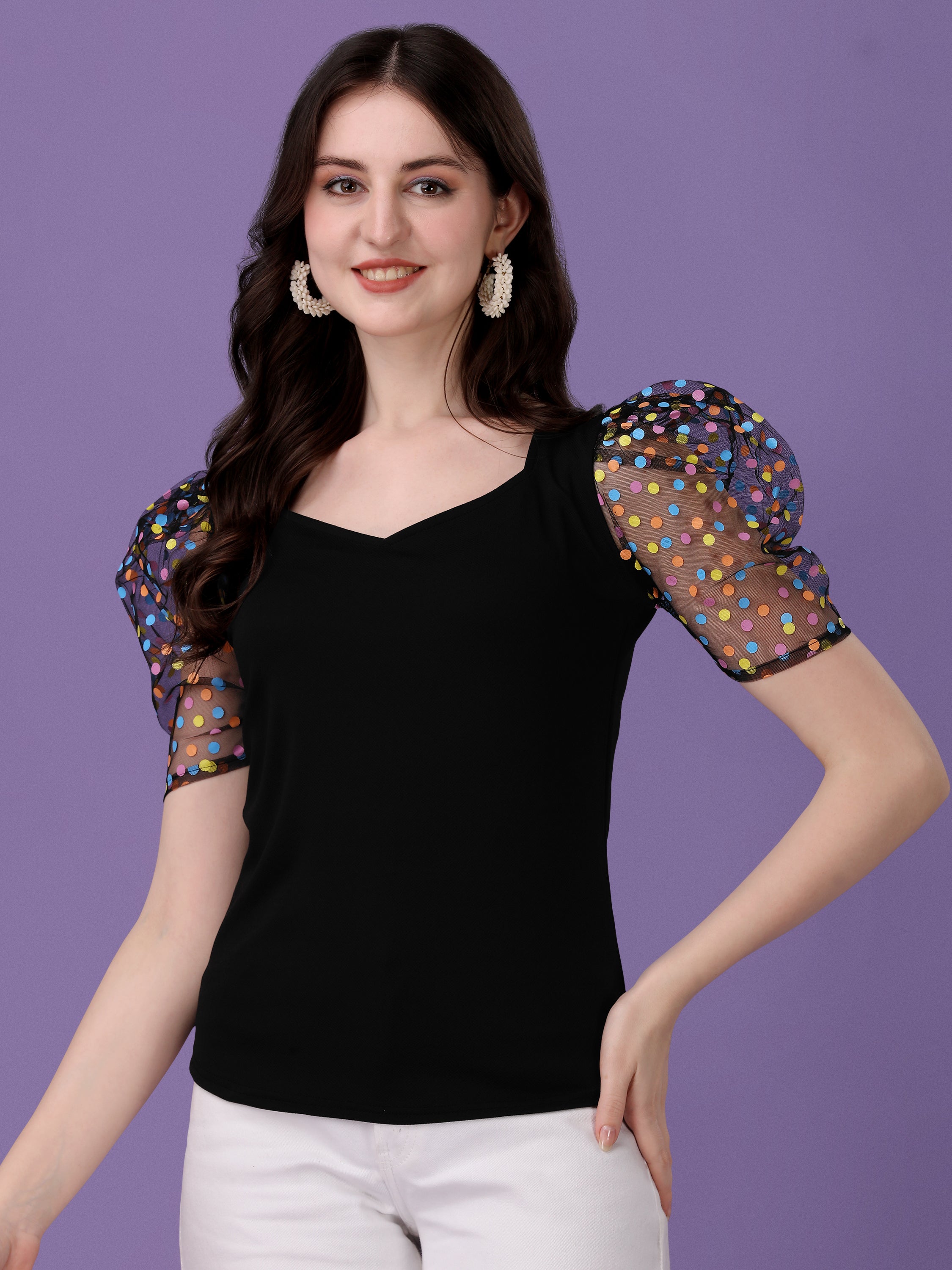 Slim Fit Puff Sleeves Solid Women Black Top