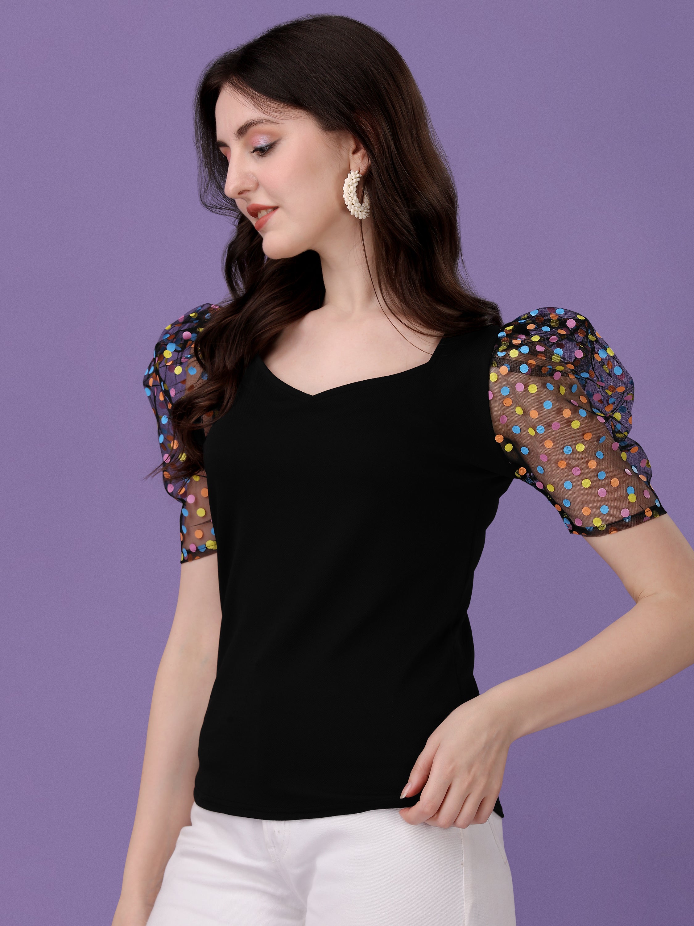 Slim Fit Puff Sleeves Solid Women Black Top