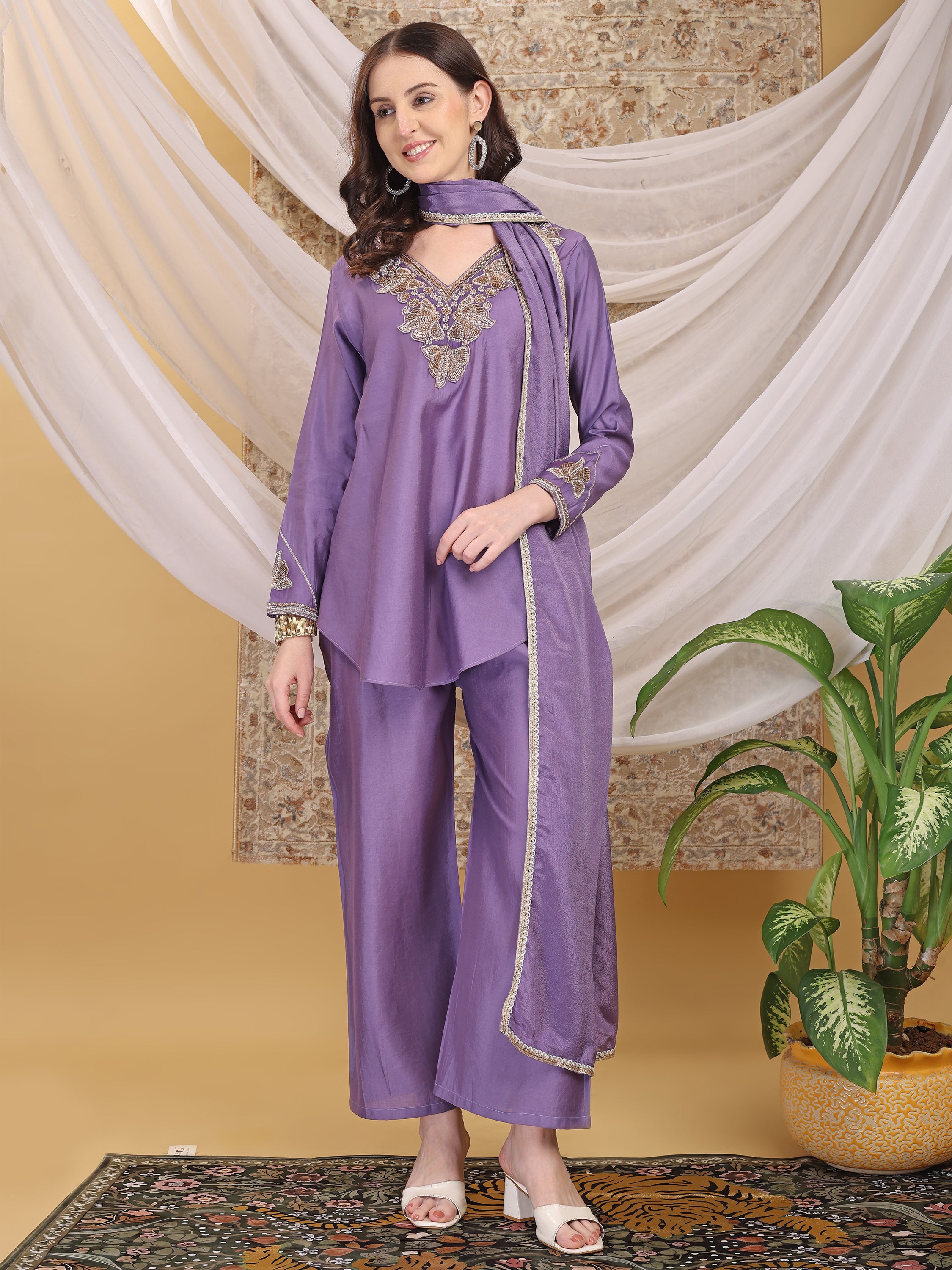Women's Lavender Hand Work Straight Top Palazzo with Dupatta Set Ethnic Suit Set for Festive, Wedding & Party Wear