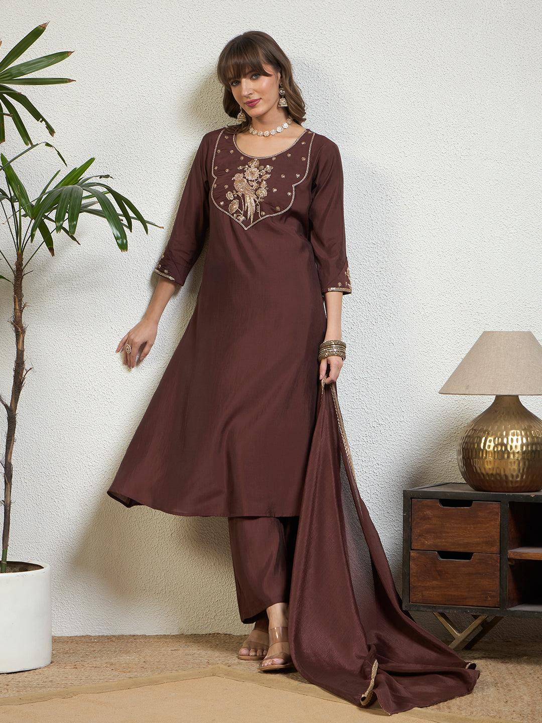 Women’s Coffee Brown Emblished Patchwork Kurta Set with Straight Pants & Dupatta