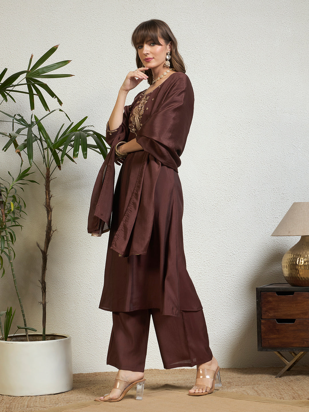 Women’s Coffee Brown Emblished Patchwork Kurta Set with Straight Pants & Dupatta