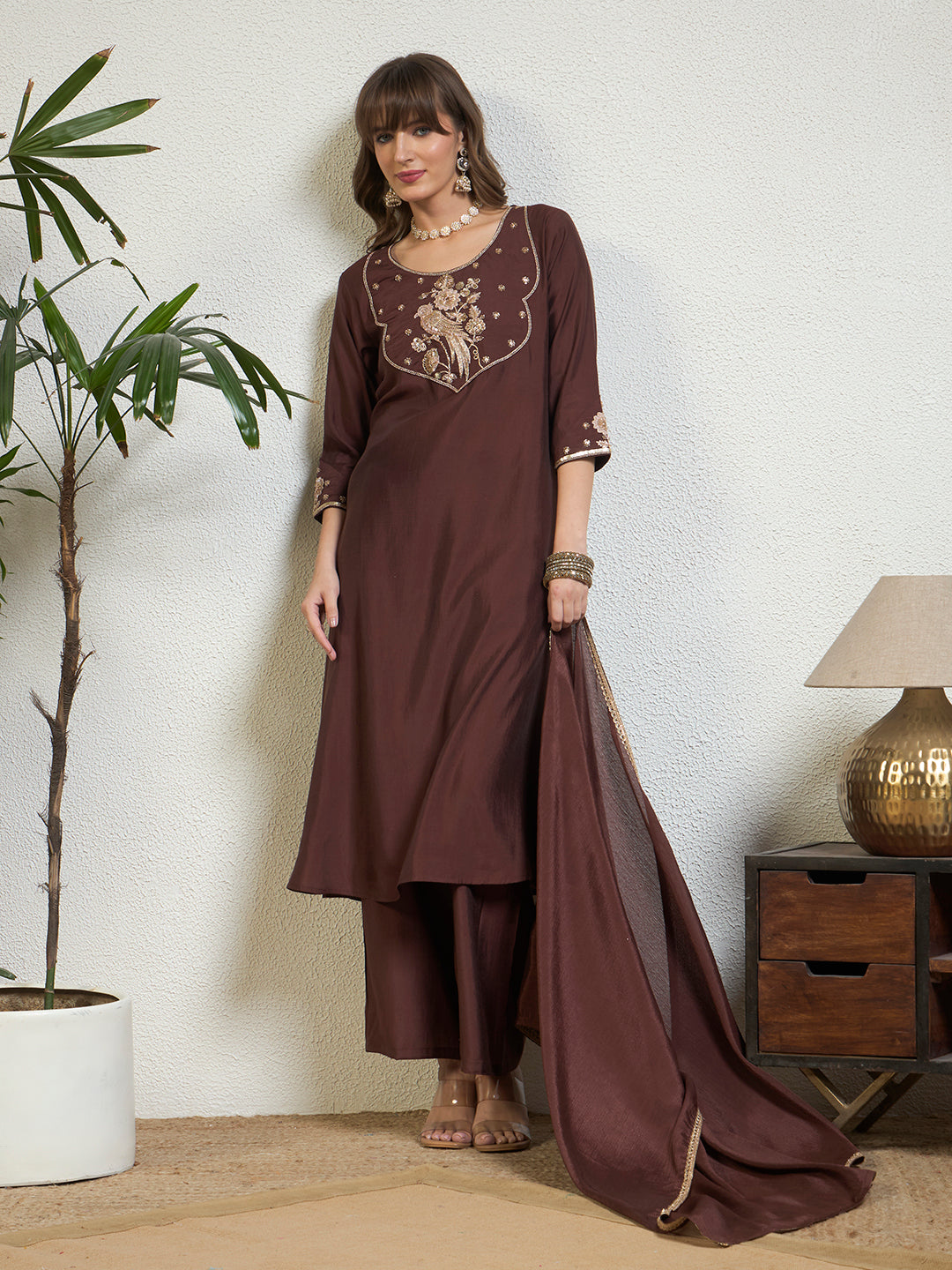 Women’s Coffee Brown Emblished Patchwork Kurta Set with Straight Pants & Dupatta