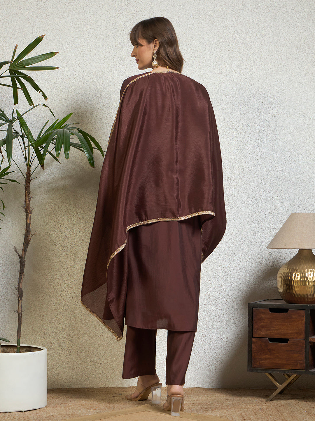 Women’s Coffee Brown Emblished Patchwork Kurta Set with Straight Pants & Dupatta