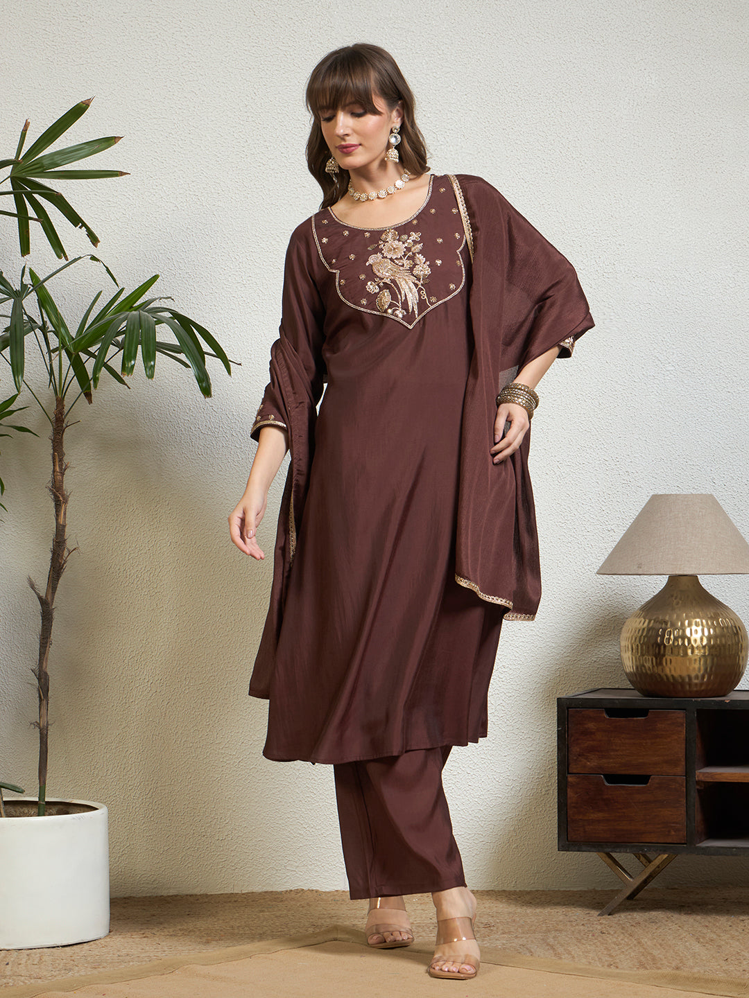 Women’s Coffee Brown Emblished Patchwork Kurta Set with Straight Pants & Dupatta