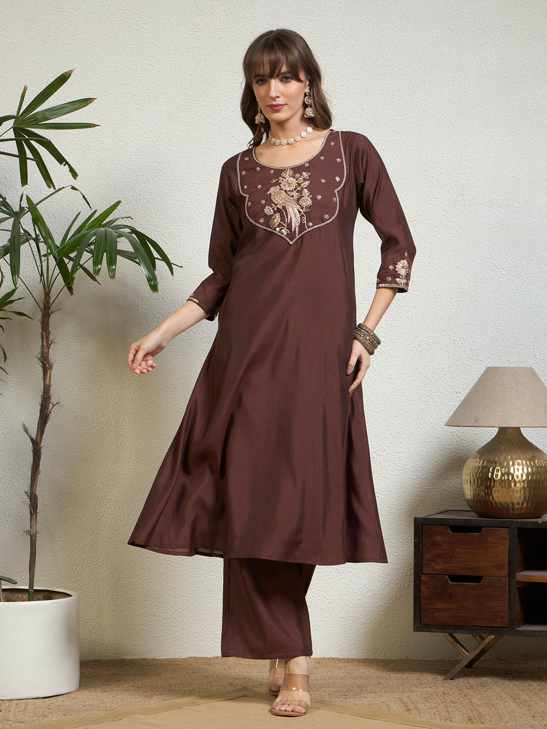 Women’s Coffee Brown Emblished Patchwork Kurta Set with Straight Pants & Dupatta