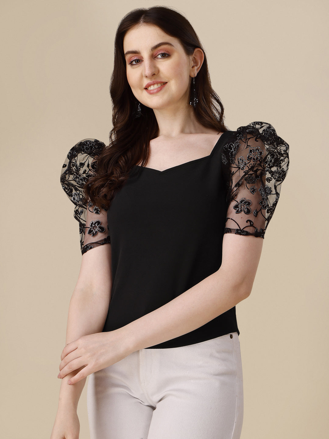 Sweetheart Neck Puff Sleeve Polyester Fitted Crop Top