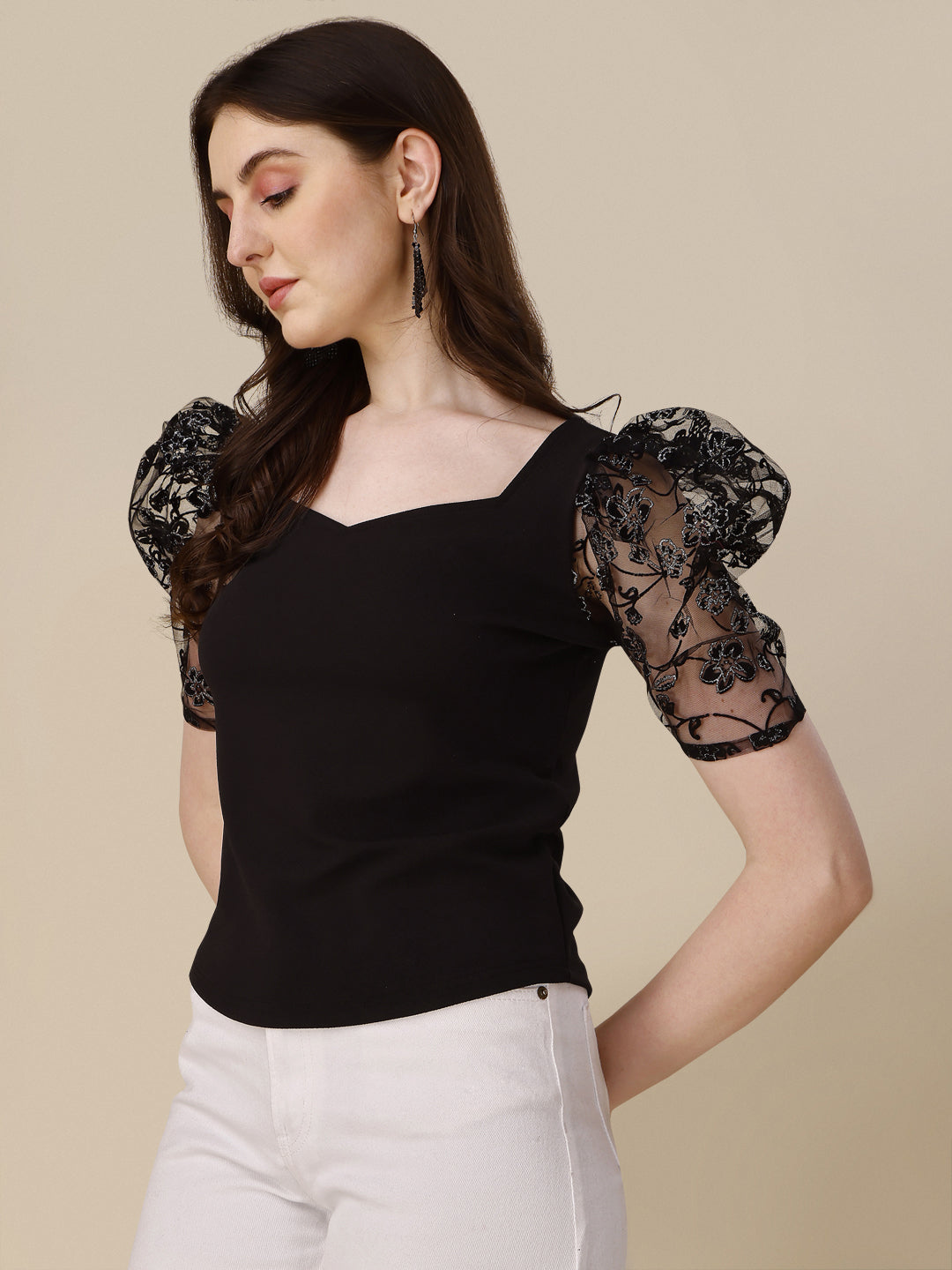 Sweetheart Neck Puff Sleeve Polyester Fitted Crop Top