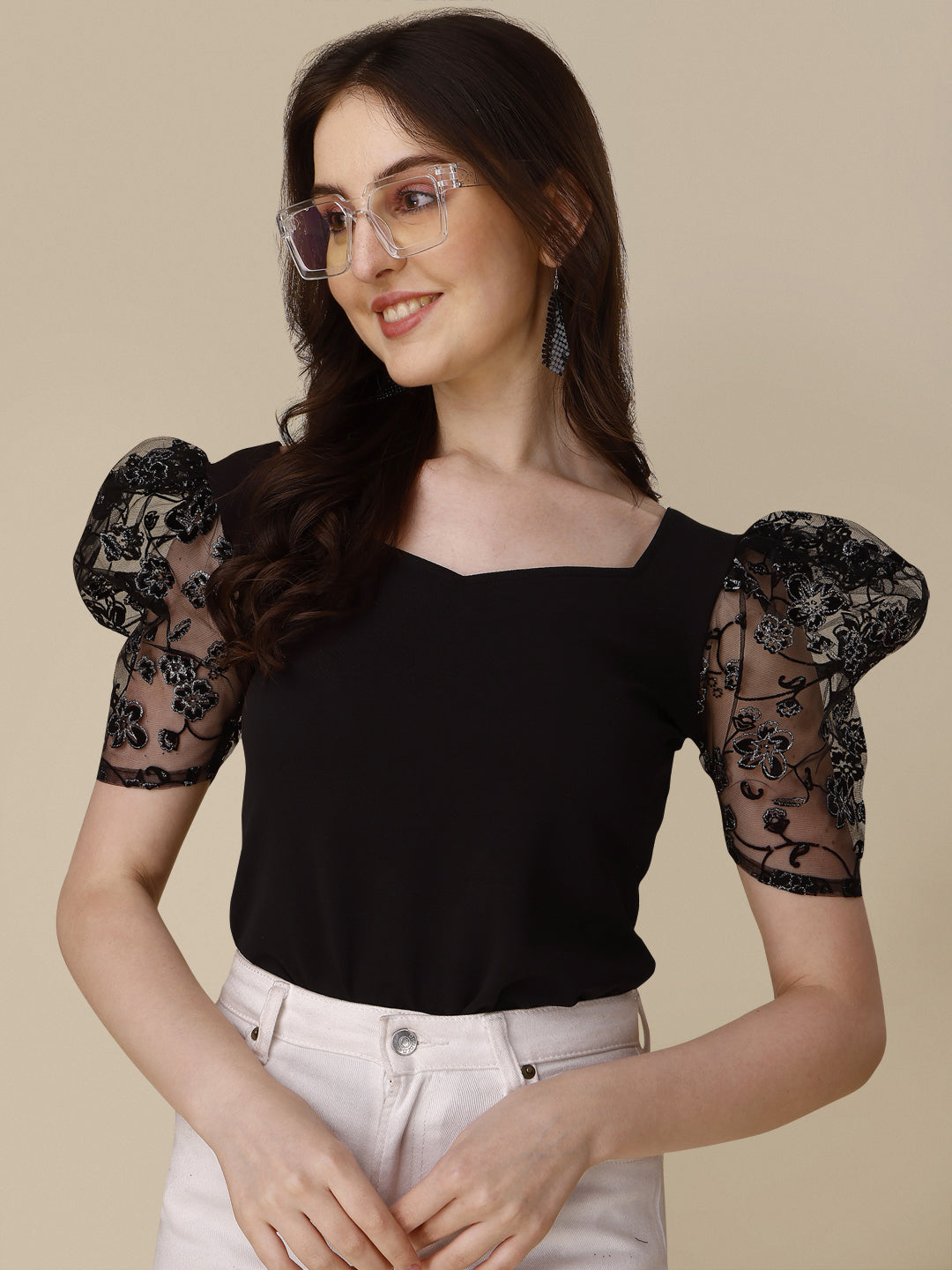 Sweetheart Neck Puff Sleeve Polyester Fitted Crop Top