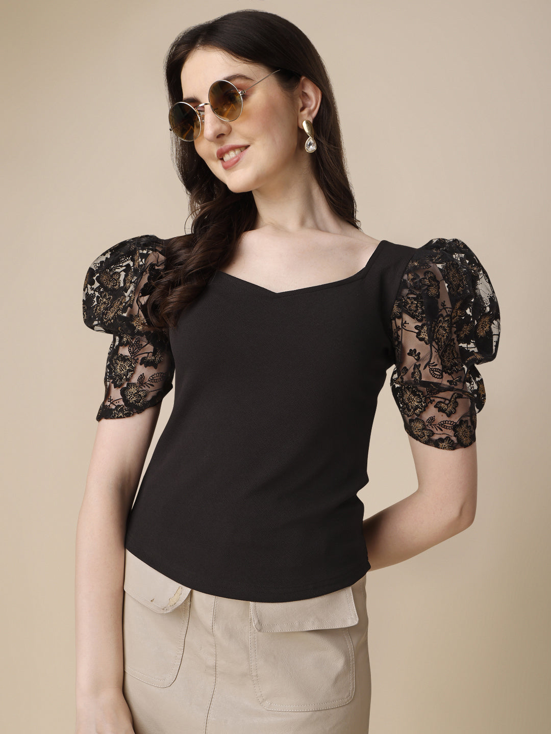 Sweetheart Neck Puff Sleeve Polyester Fitted Crop Top