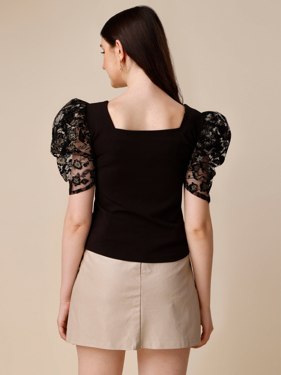 Sweetheart Neck Puff Sleeve Polyester Fitted Crop Top