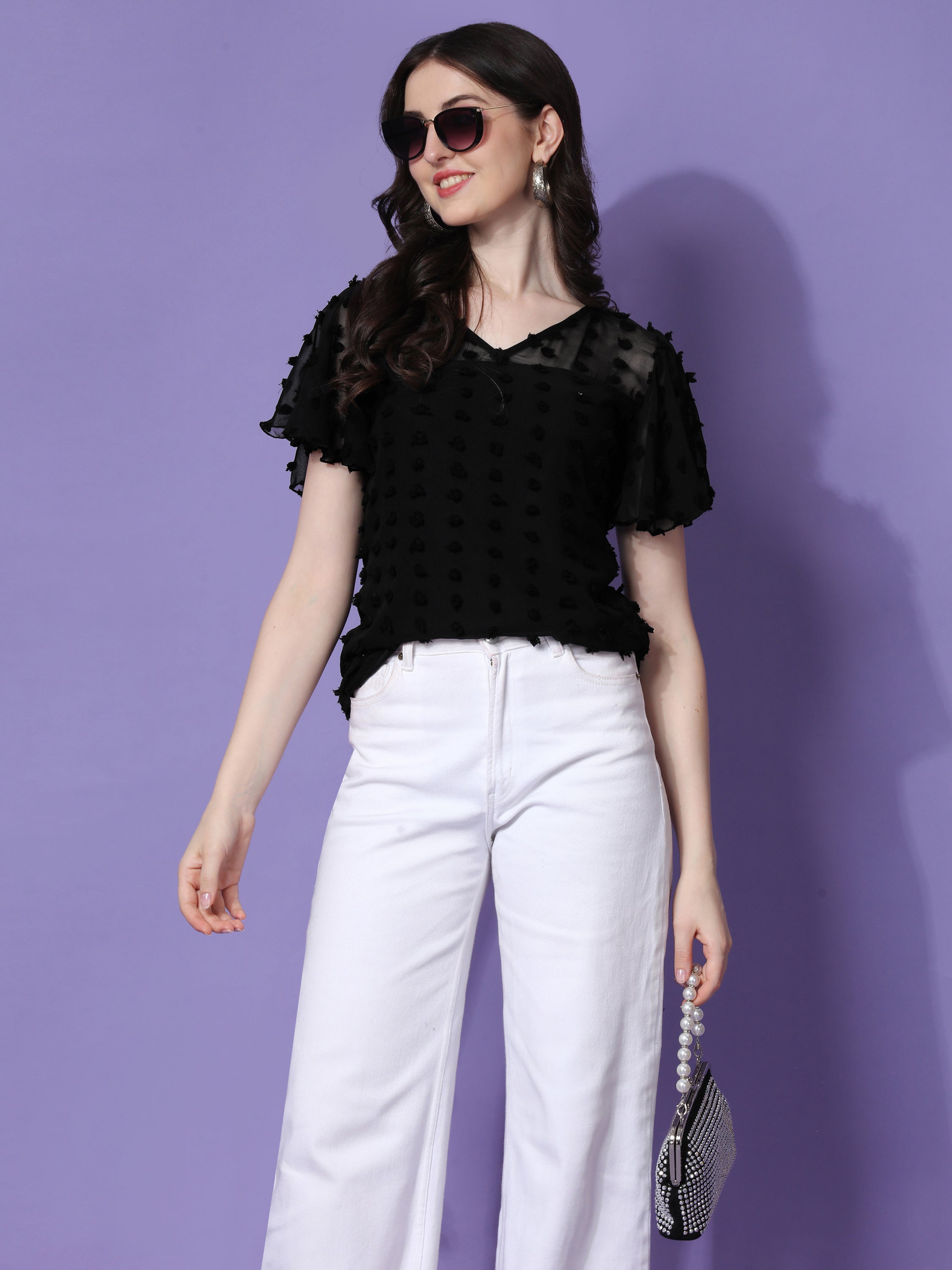 Casual Ruffled Sleeves Self Design V-Neck Women Top