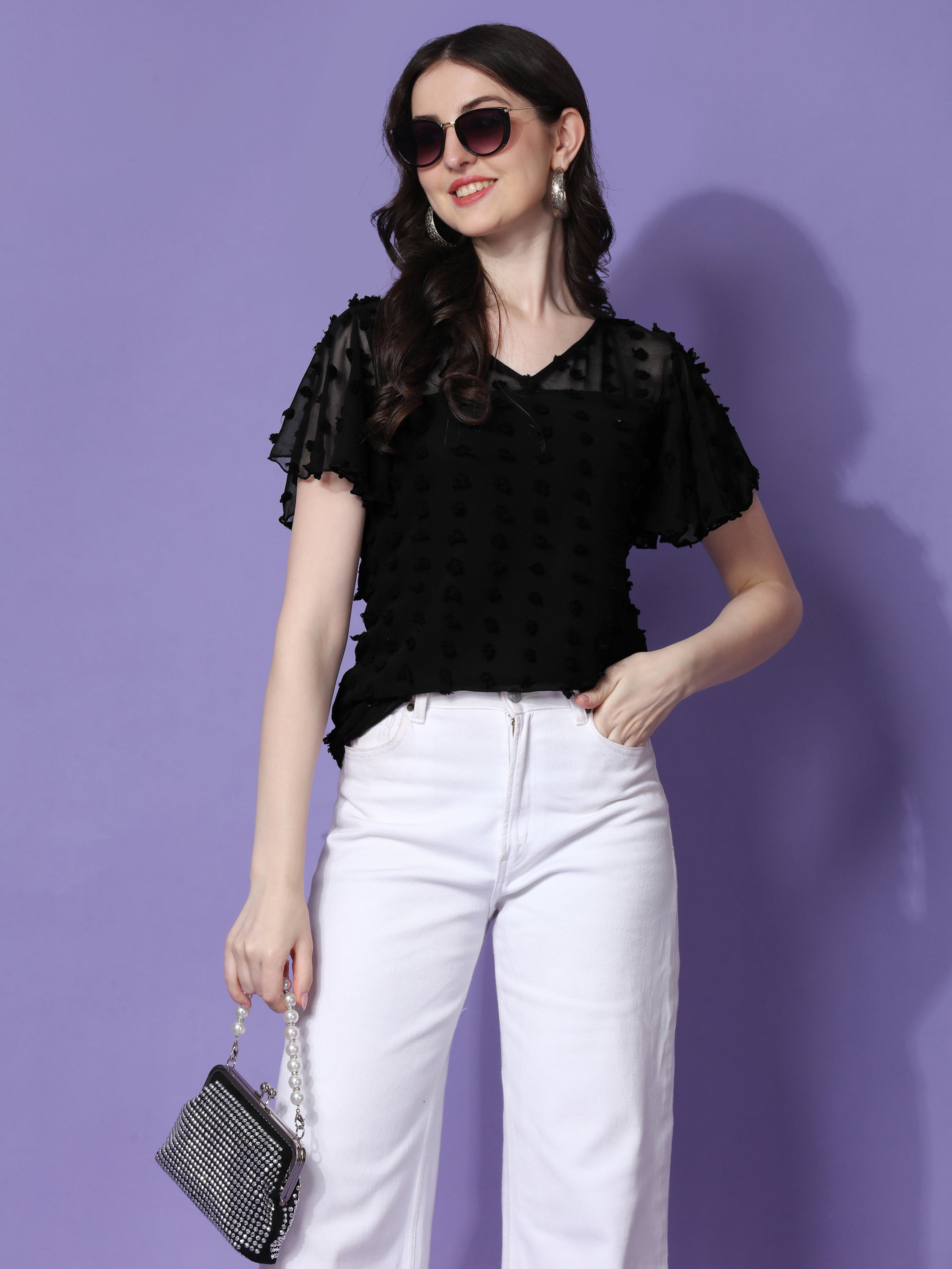 Casual Ruffled Sleeves Self Design V-Neck Women Top