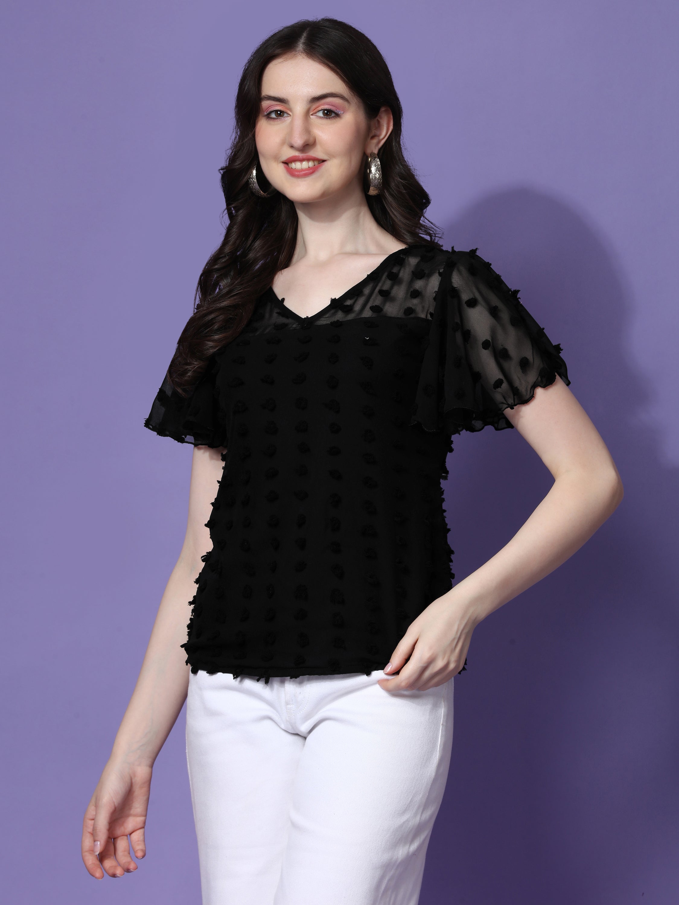 Casual Ruffled Sleeves Self Design V-Neck Women Top