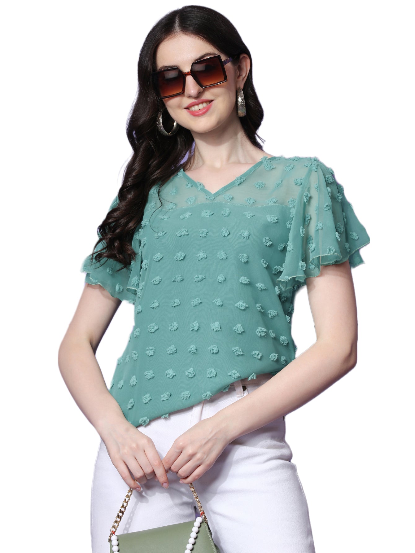 Casual Ruffled Sleeves Self Design V-Neck Women Top