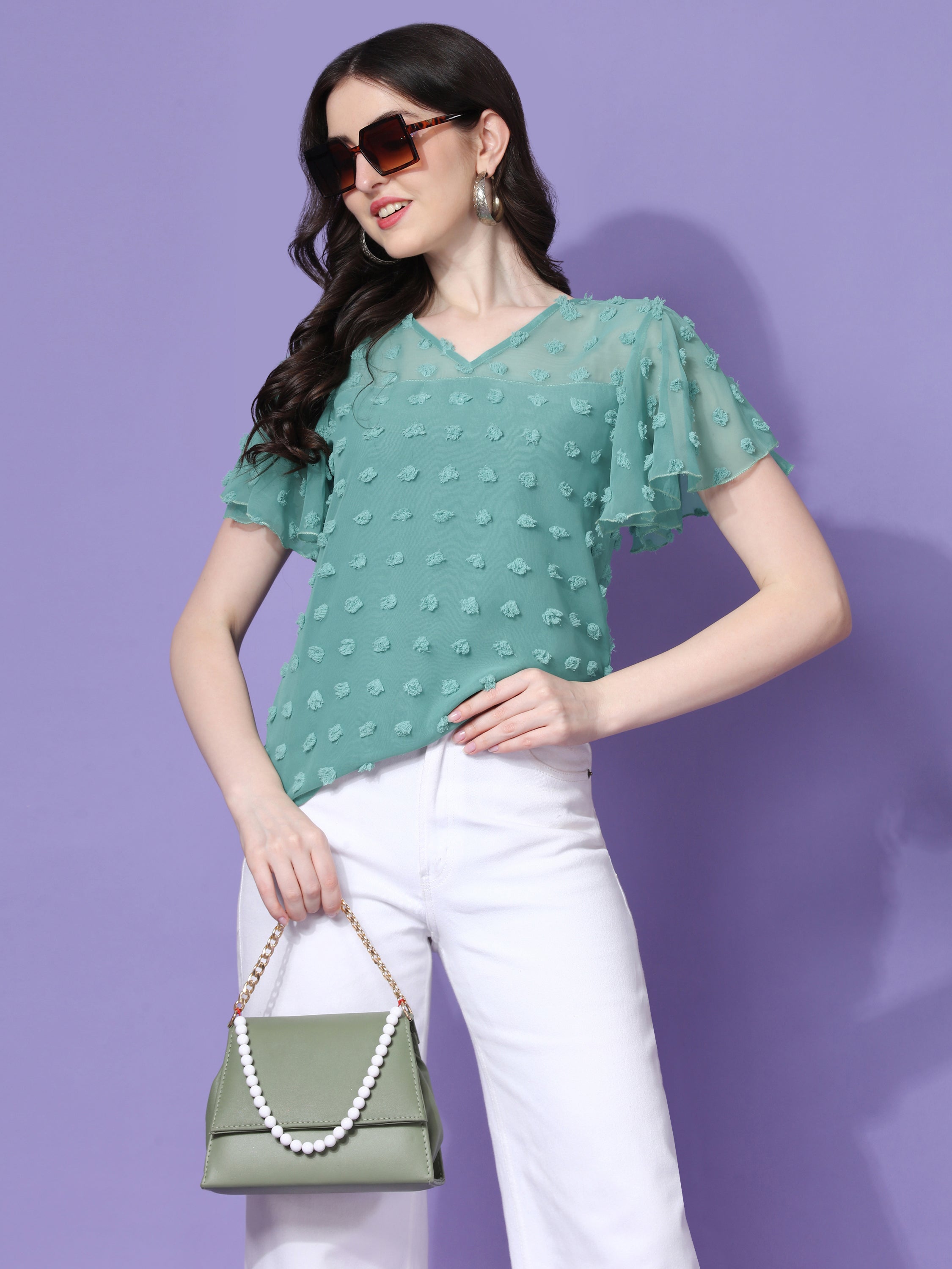 Casual Ruffled Sleeves Self Design V-Neck Women Top