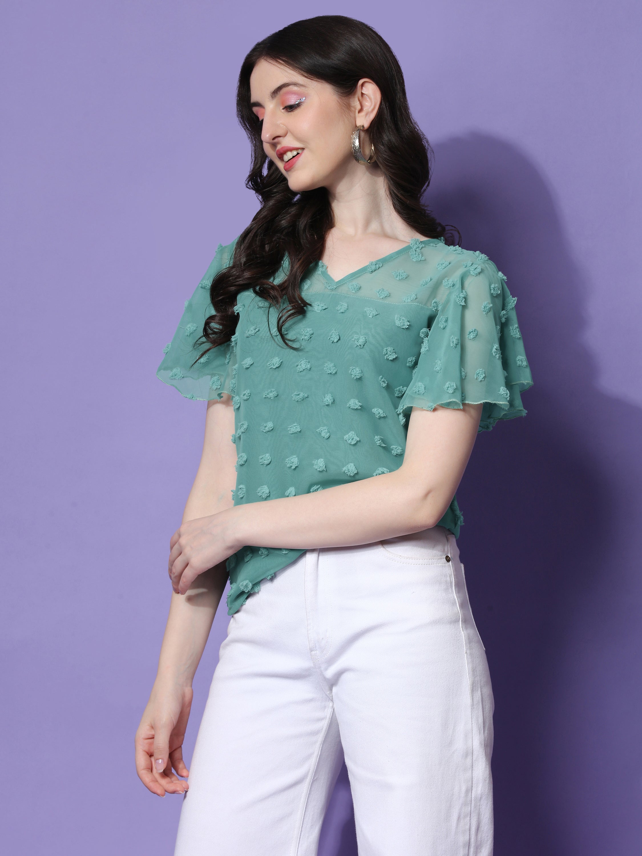 Casual Ruffled Sleeves Self Design V-Neck Women Top