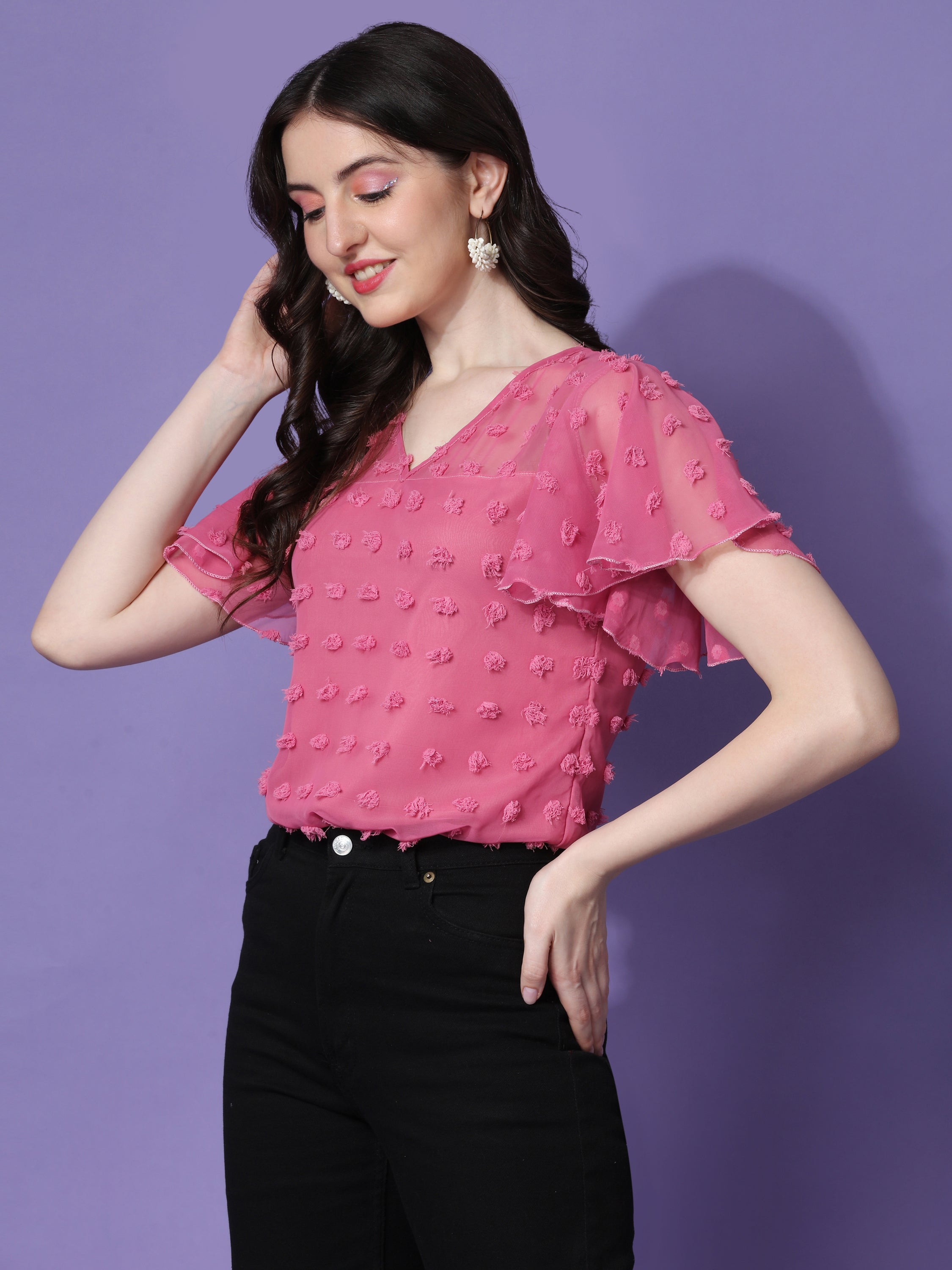 Casual Ruffled Sleeves Self Design V-Neck Women Top