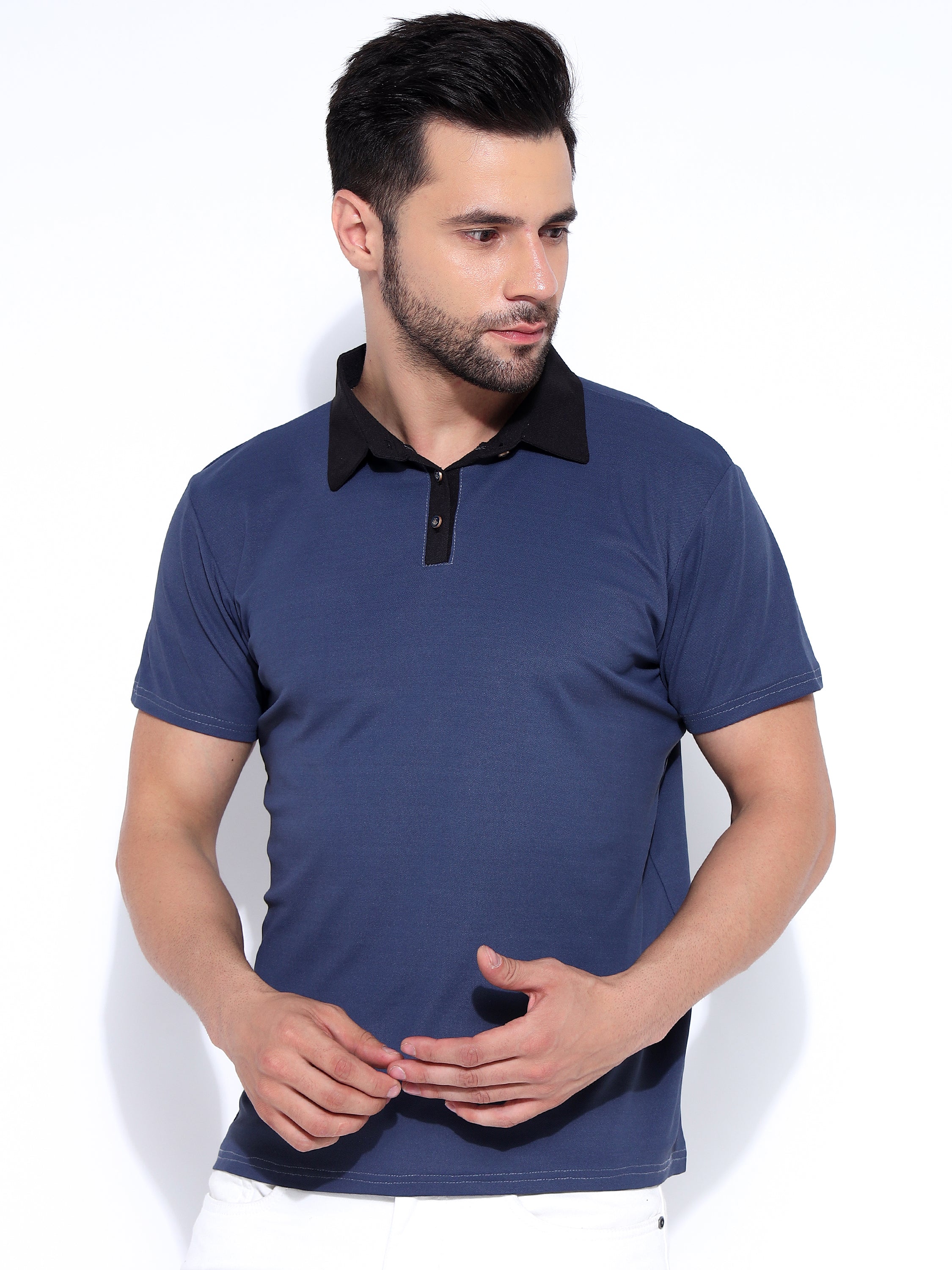 Men Cotton Blend Black Polo Neck Ragular Fit Printed T-Shirt