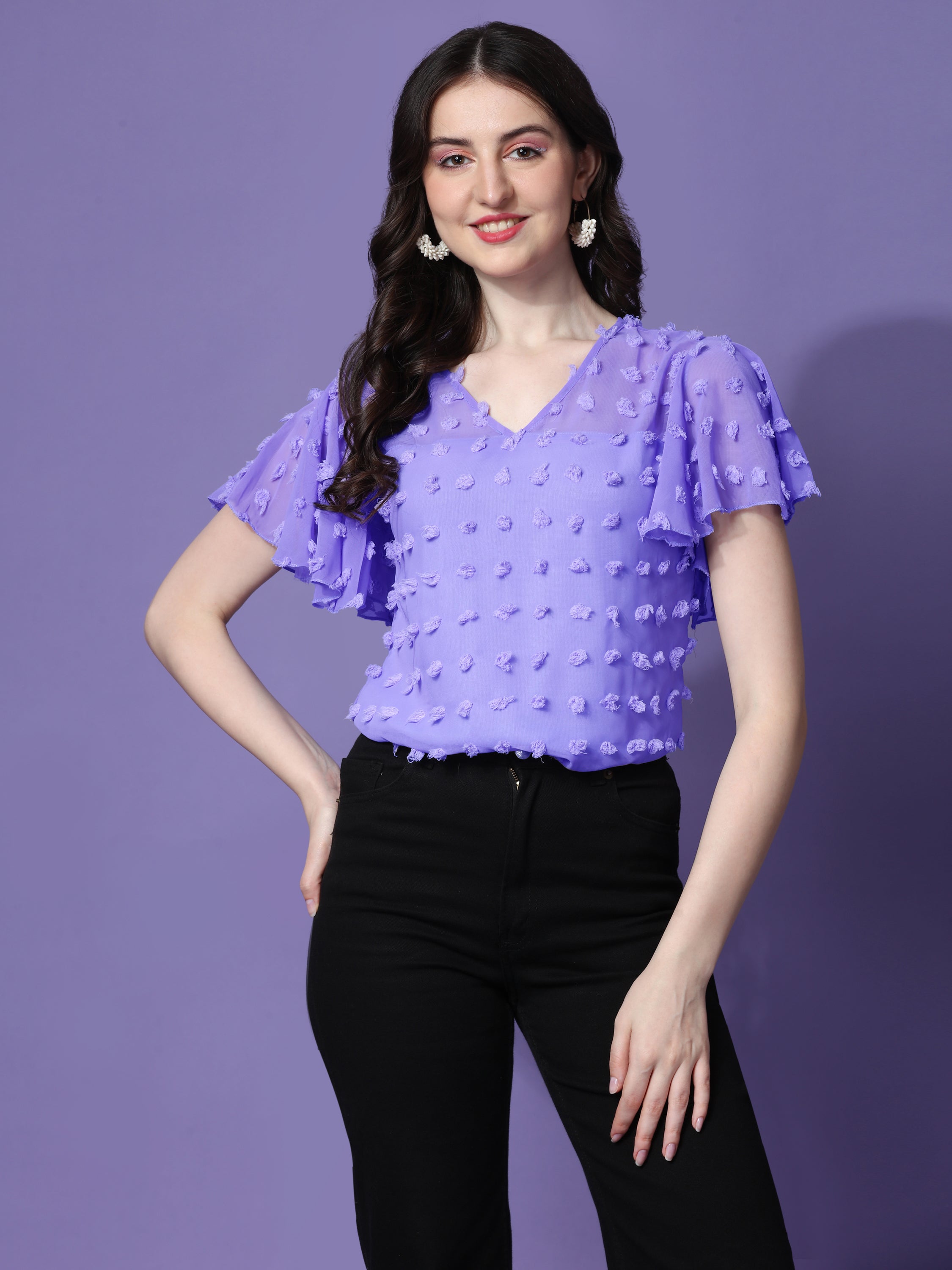 Casual Ruffled Sleeves Self Design V-Neck Women Top