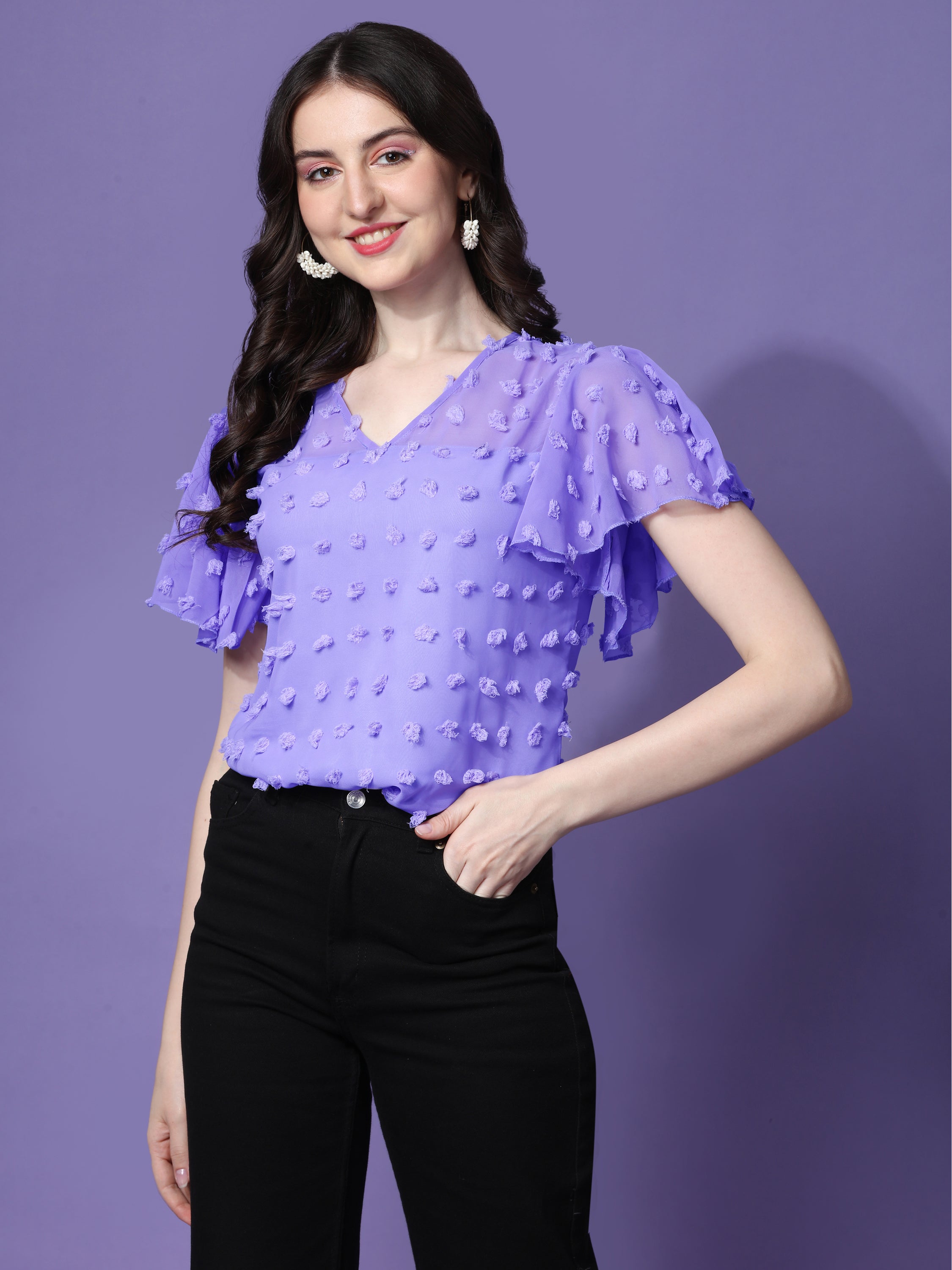 Casual Ruffled Sleeves Self Design V-Neck Women Top