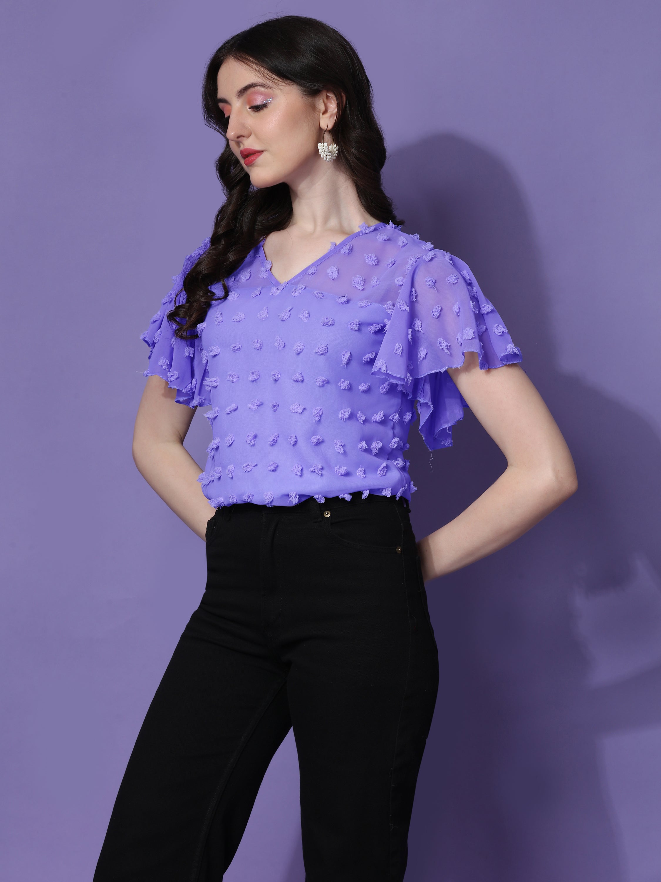 Casual Ruffled Sleeves Self Design V-Neck Women Top