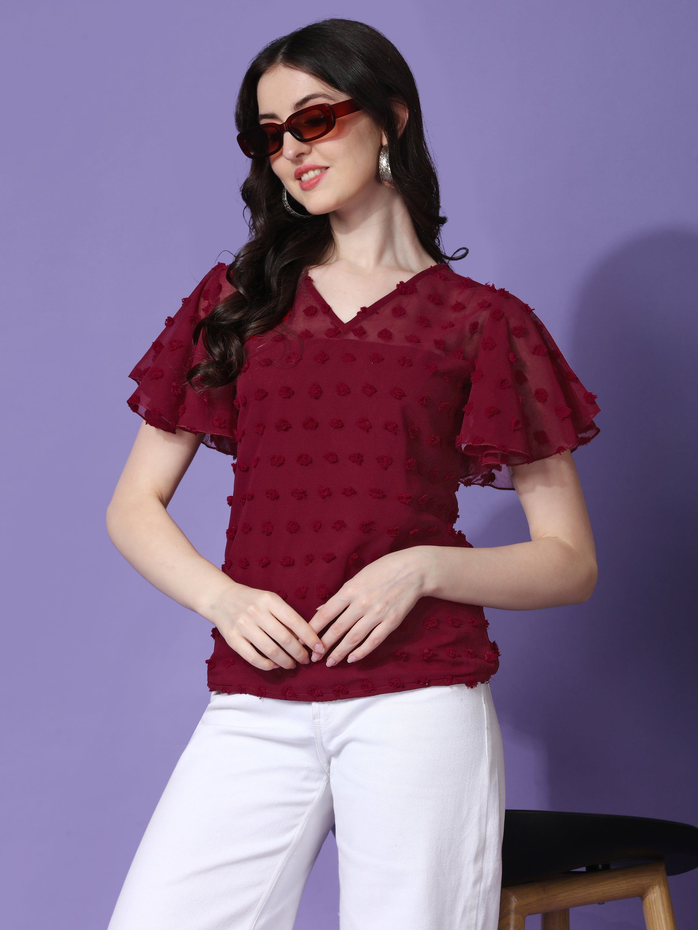 Casual Ruffled Sleeves Self Design V-Neck Women Top