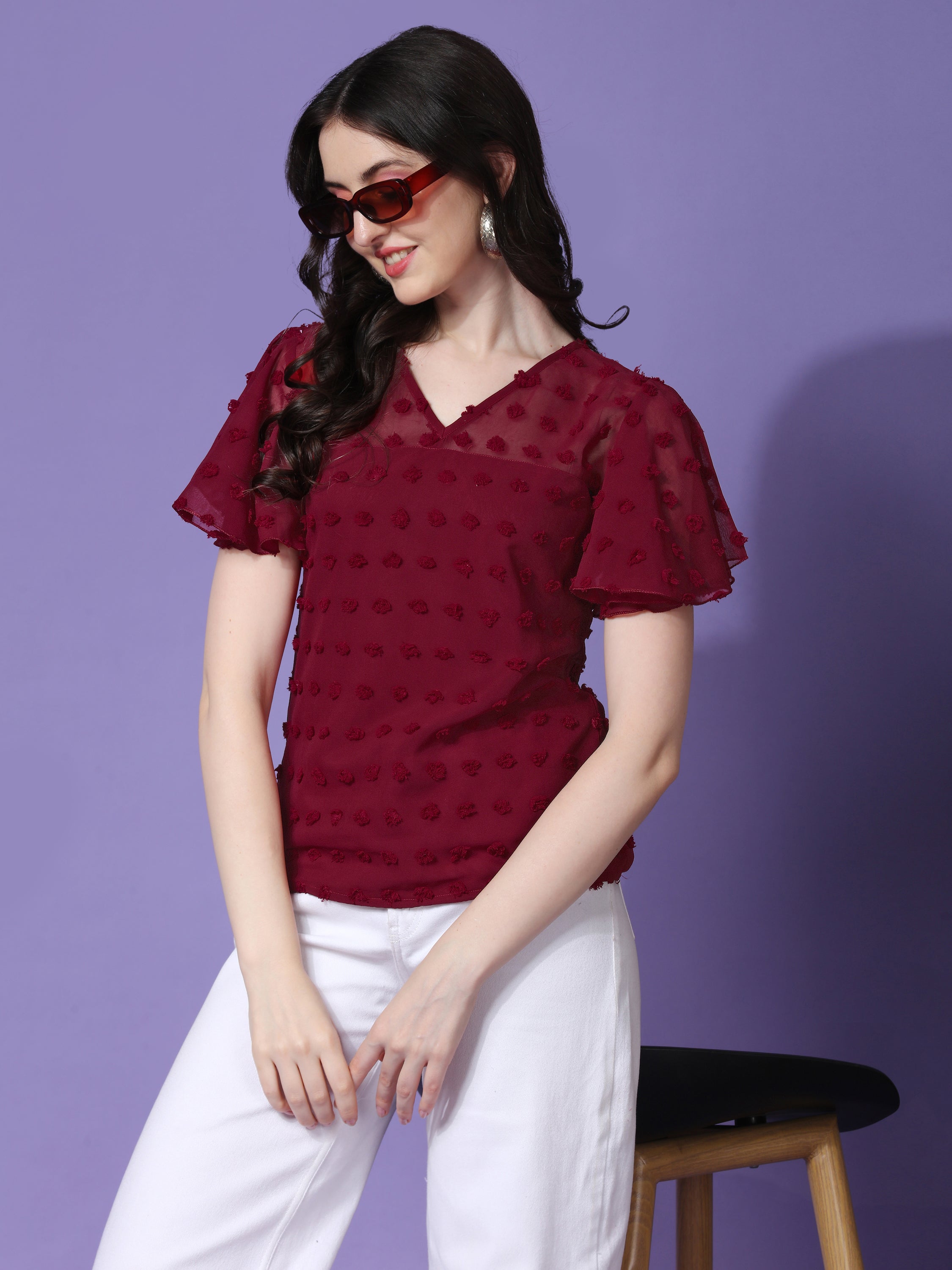 Casual Ruffled Sleeves Self Design V-Neck Women Top