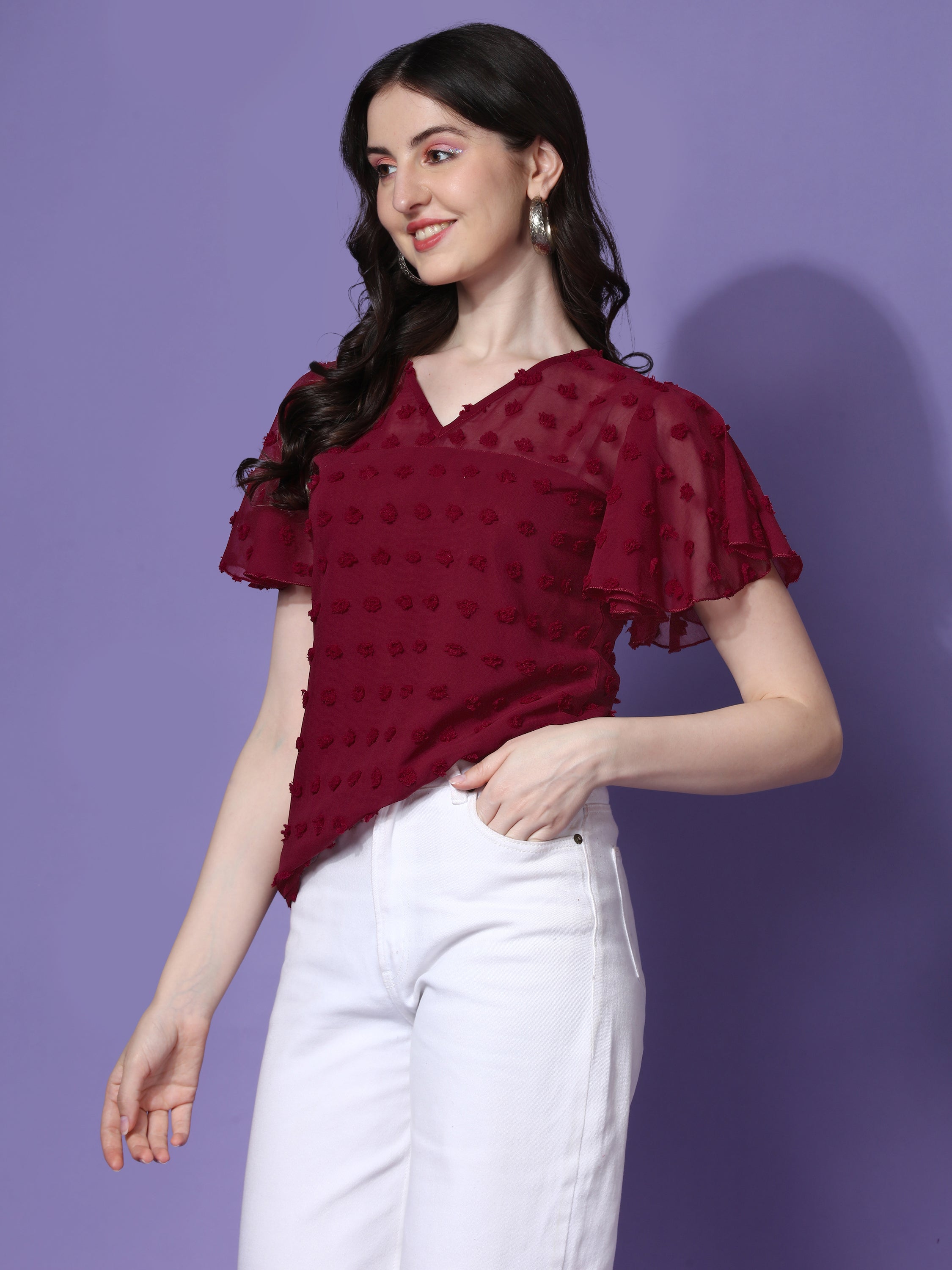 Casual Ruffled Sleeves Self Design V-Neck Women Top