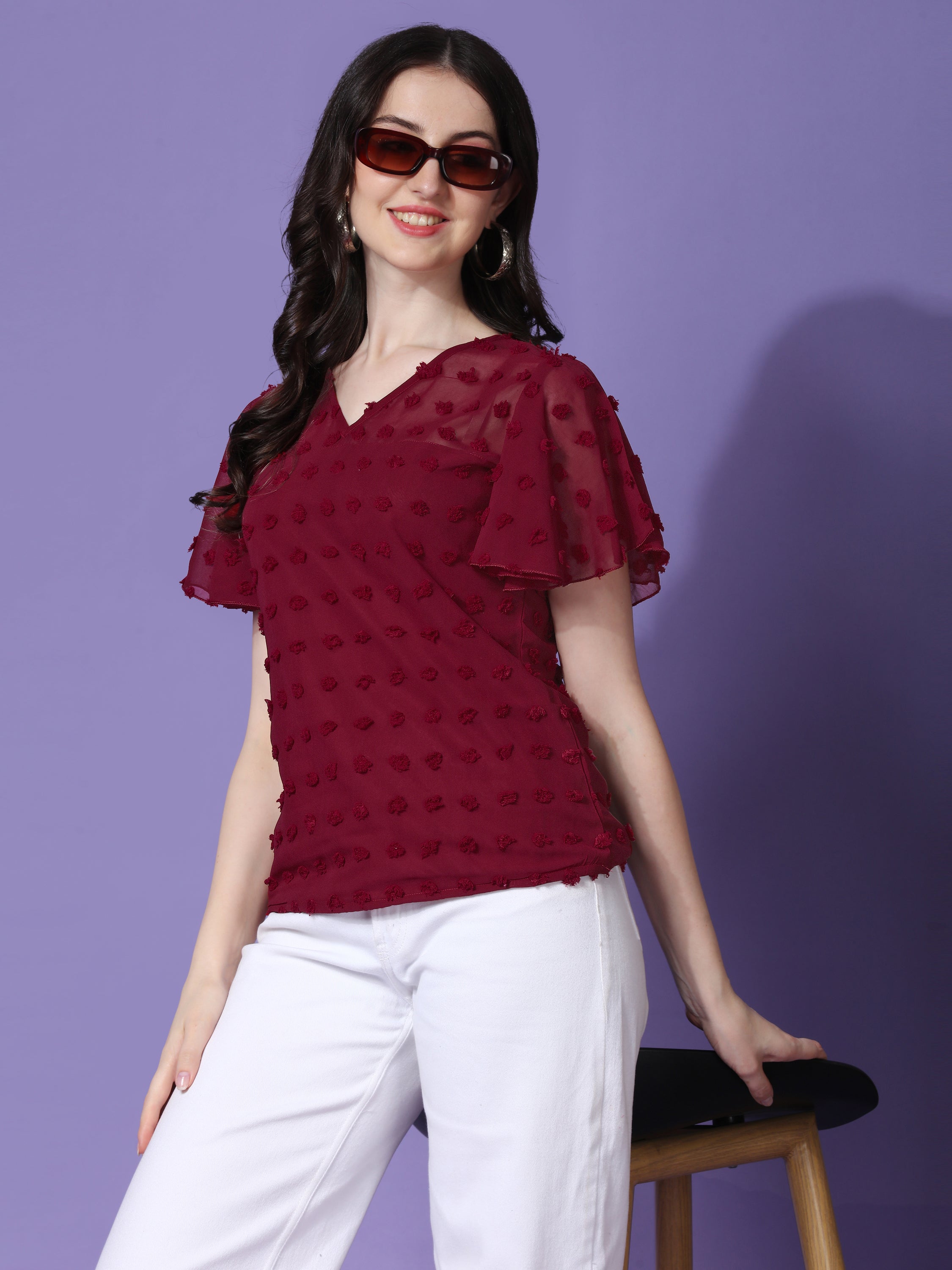 Casual Ruffled Sleeves Self Design V-Neck Women Top