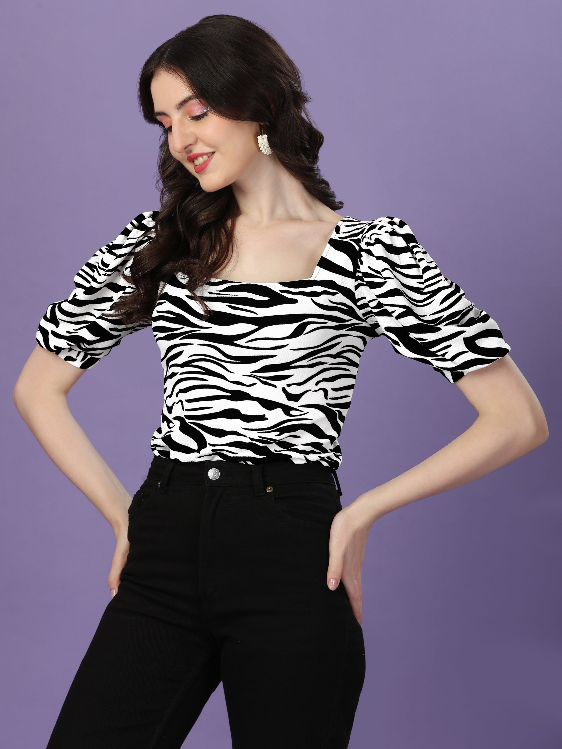 Square Neck Puff Sleeve Animal Print Top