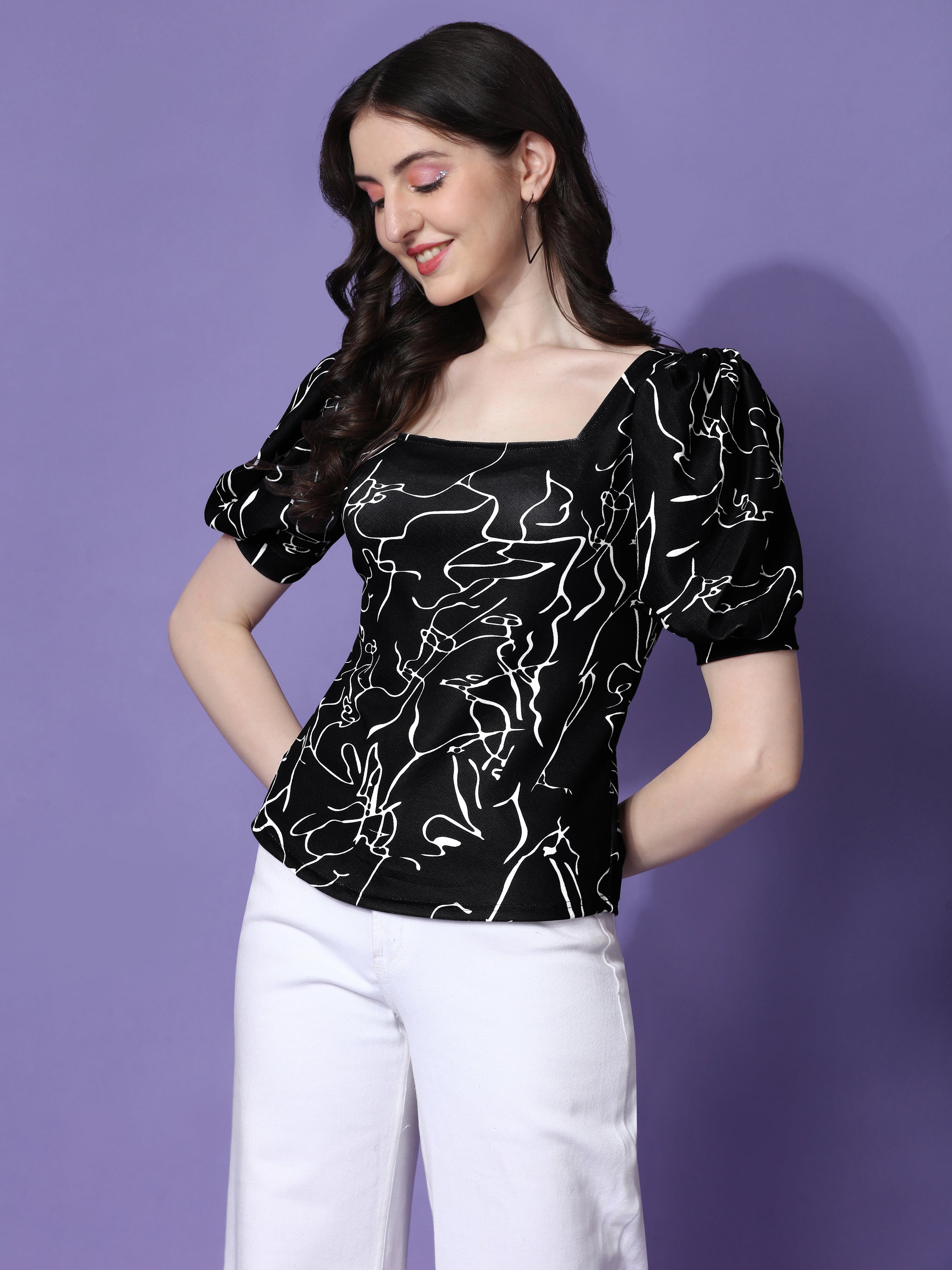 Classy  Geometric Print Polyester Squre Neck Top