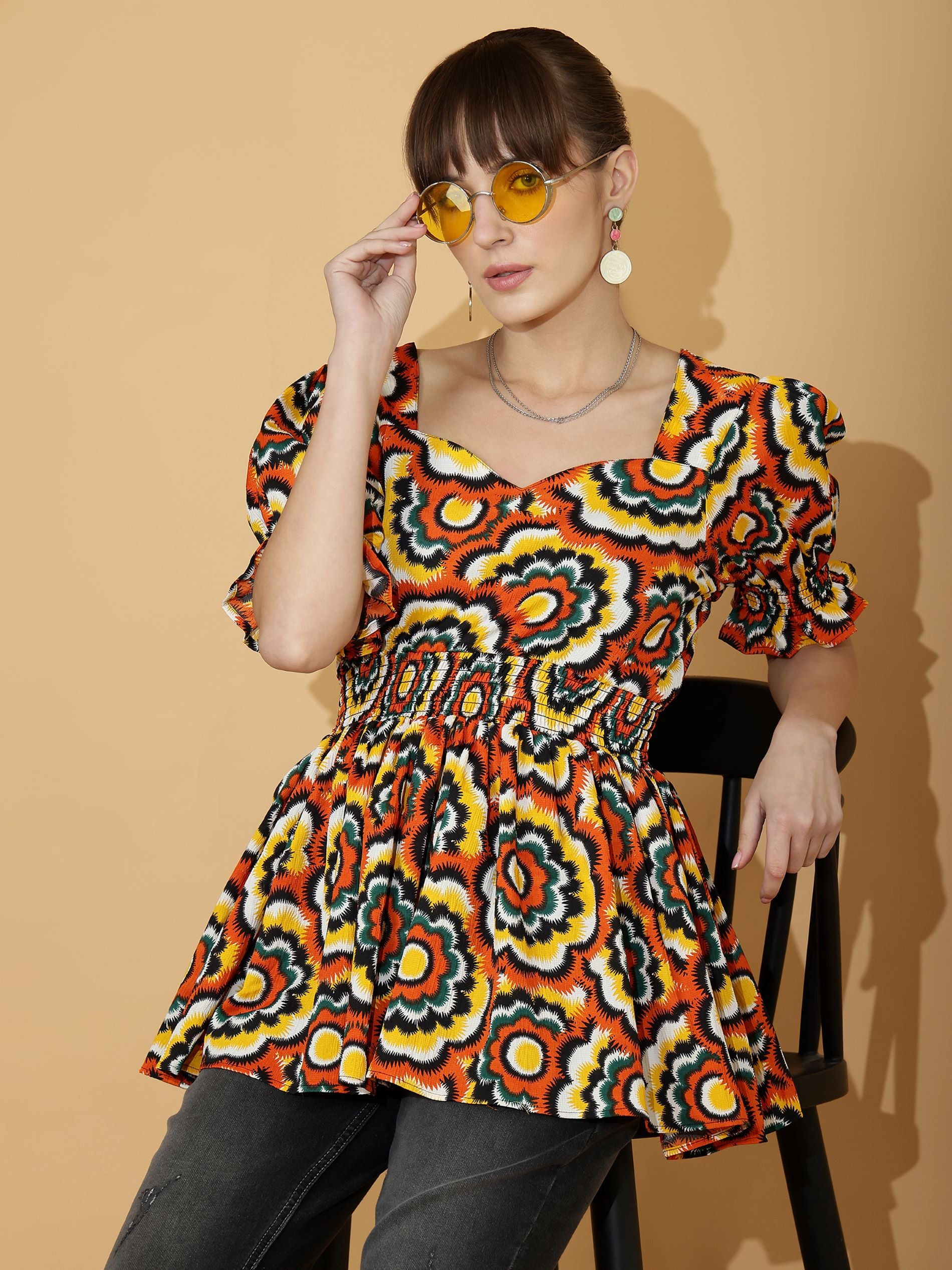 Sweetheart Neck Peplum Top with Puff Sleeves & Smocked Waist