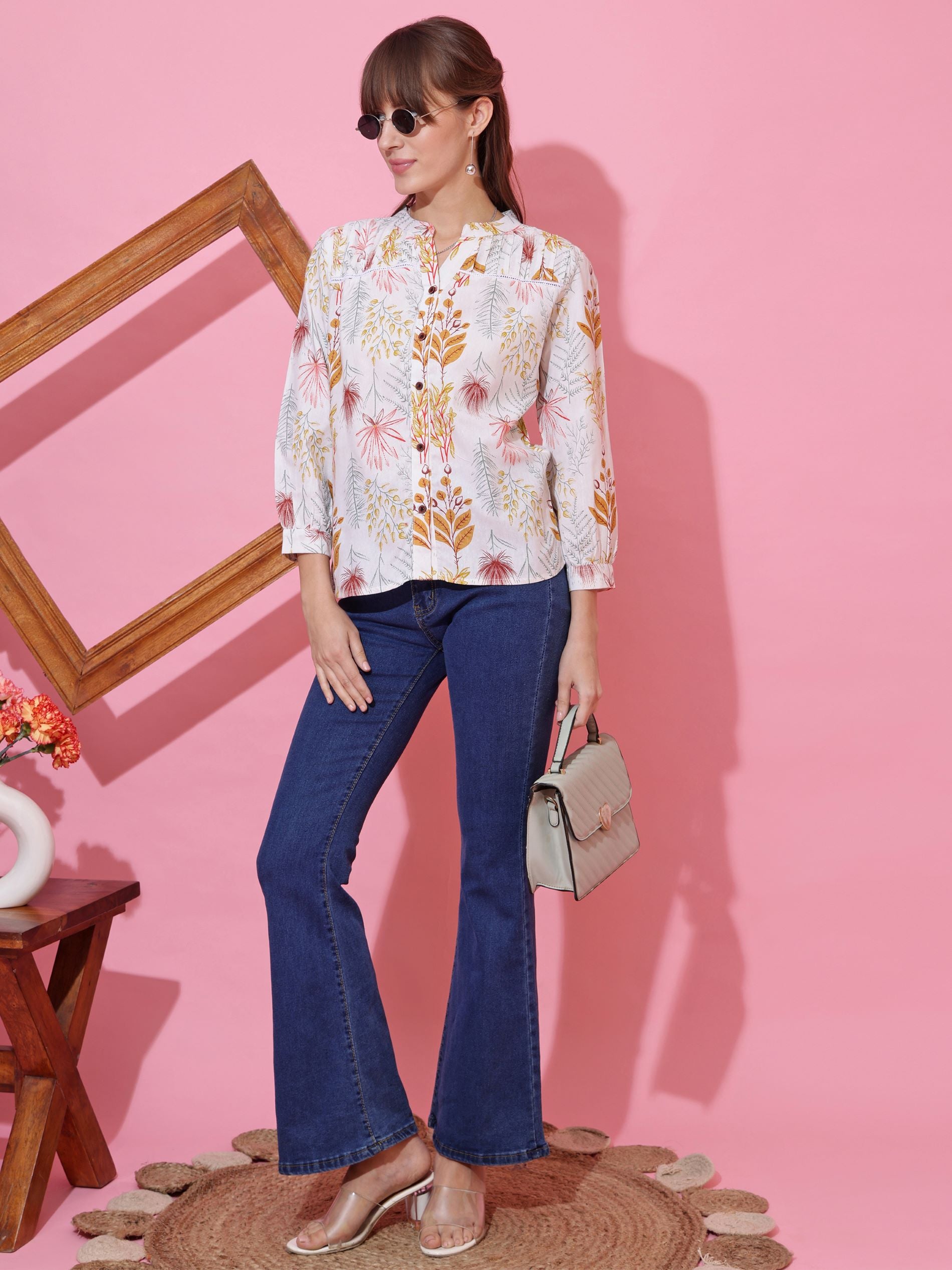 Women White Cotton Floral Printed Casual Top