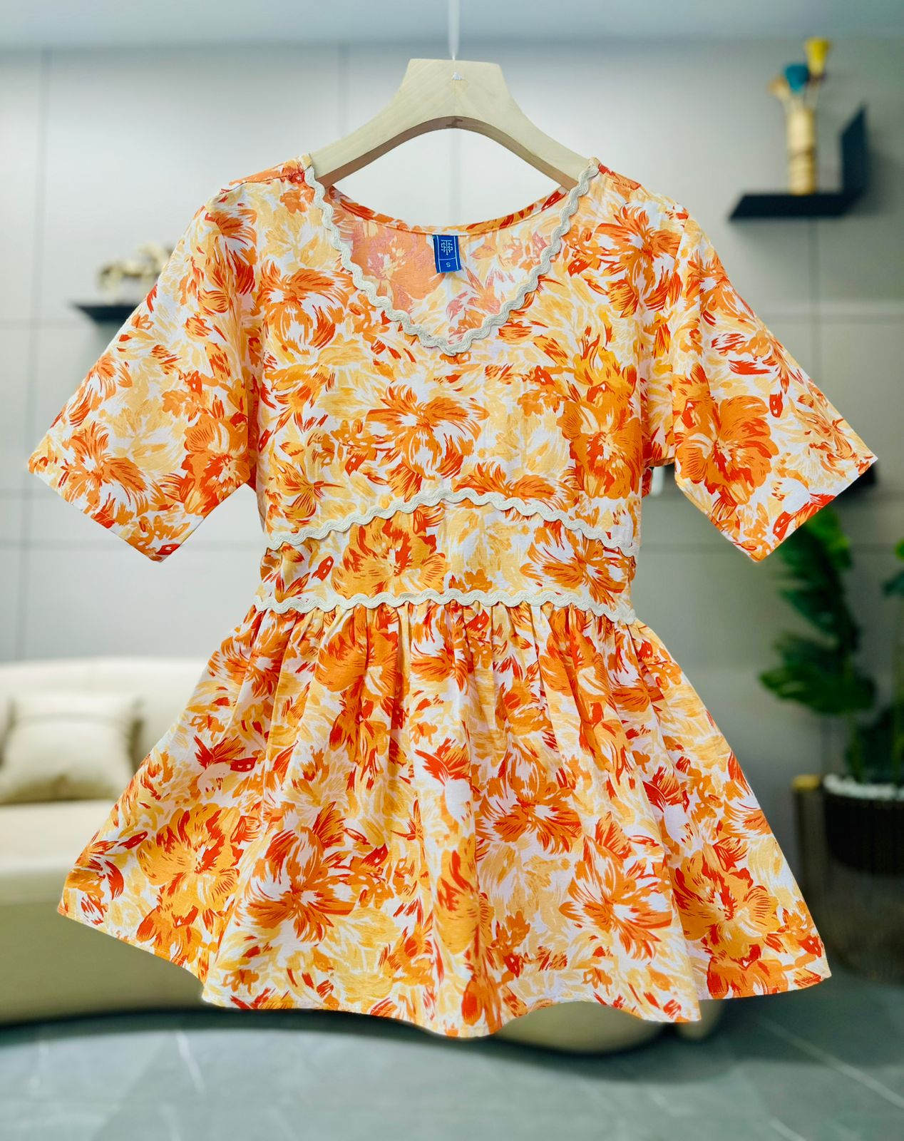 Women’s Orange & Yellow Floral Printed V-Neck Peplum Top with Short Sleeves
