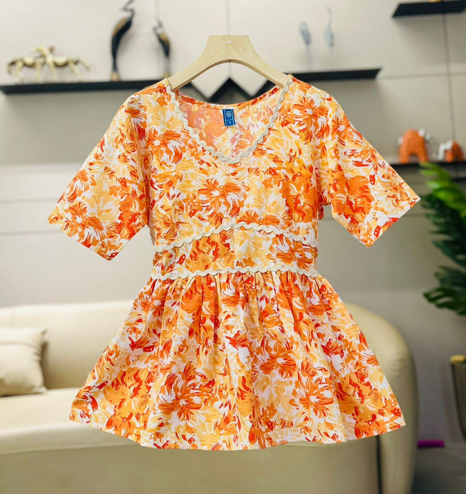 Women’s Orange & Yellow Floral Printed V-Neck Peplum Top with Short Sleeves