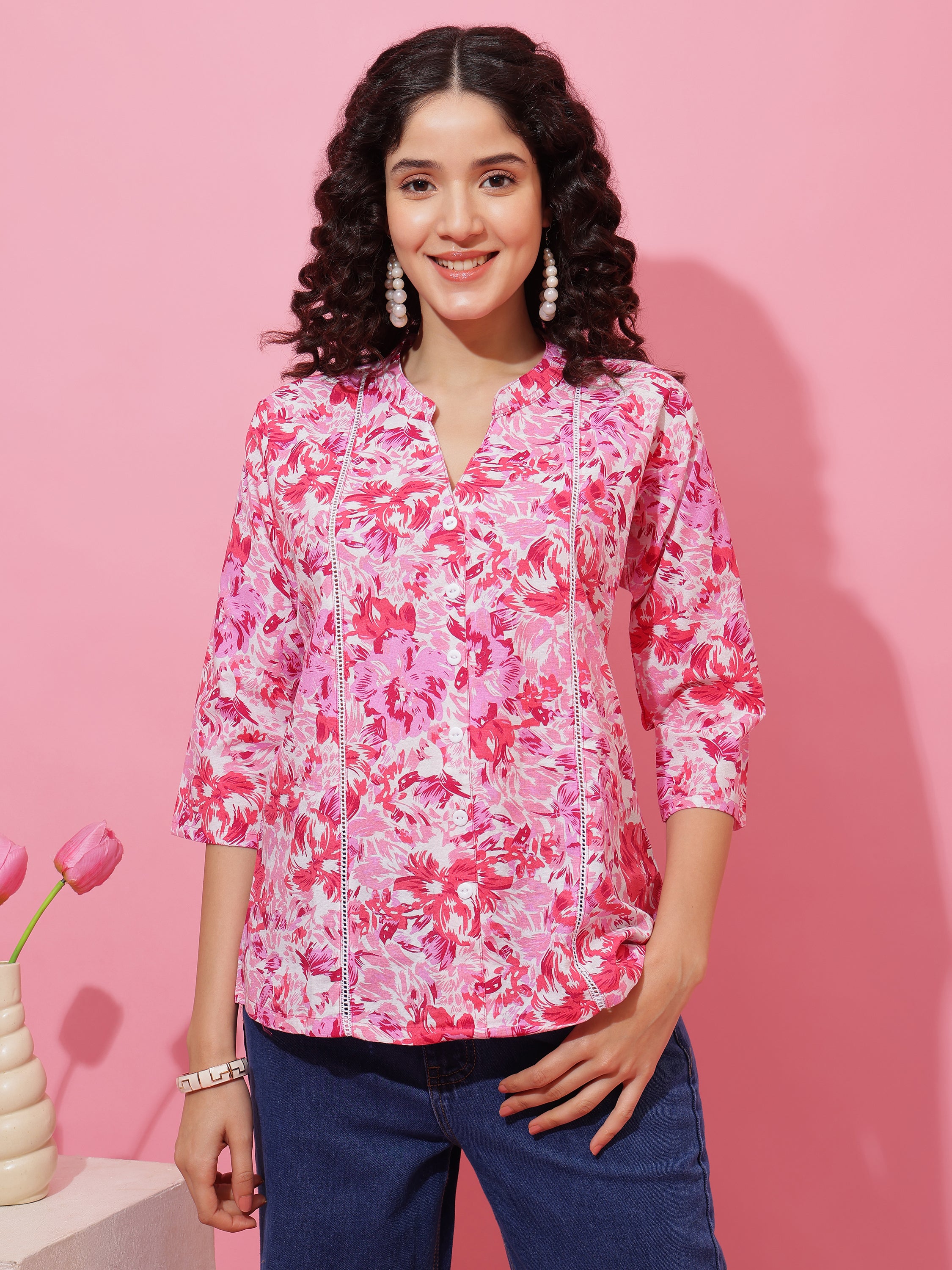 Soft Cotton Pink Floral Printed Top for Women