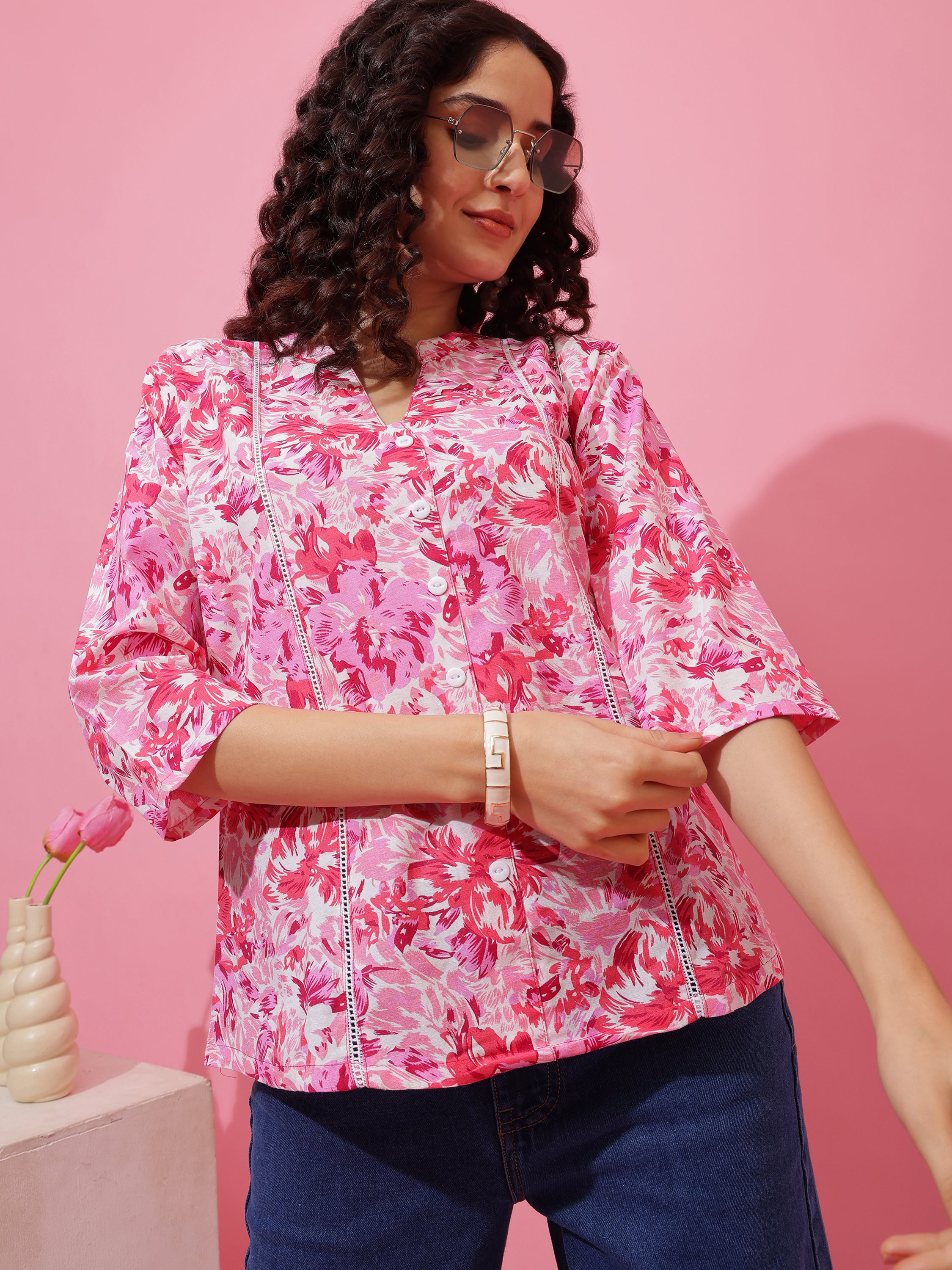 Soft Cotton Pink Floral Printed Top for Women