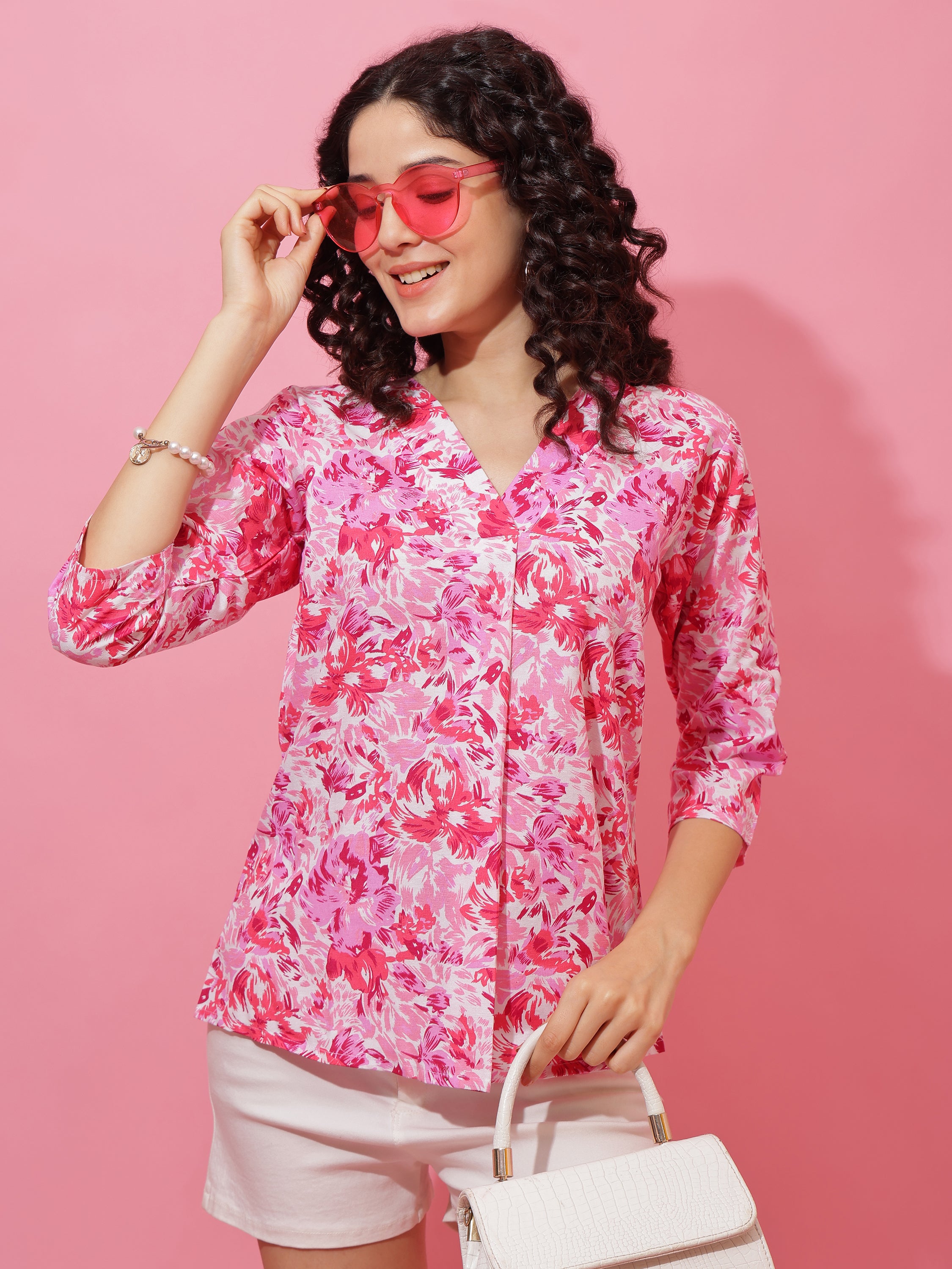 Elegant Pink Floral Printed Top for Women