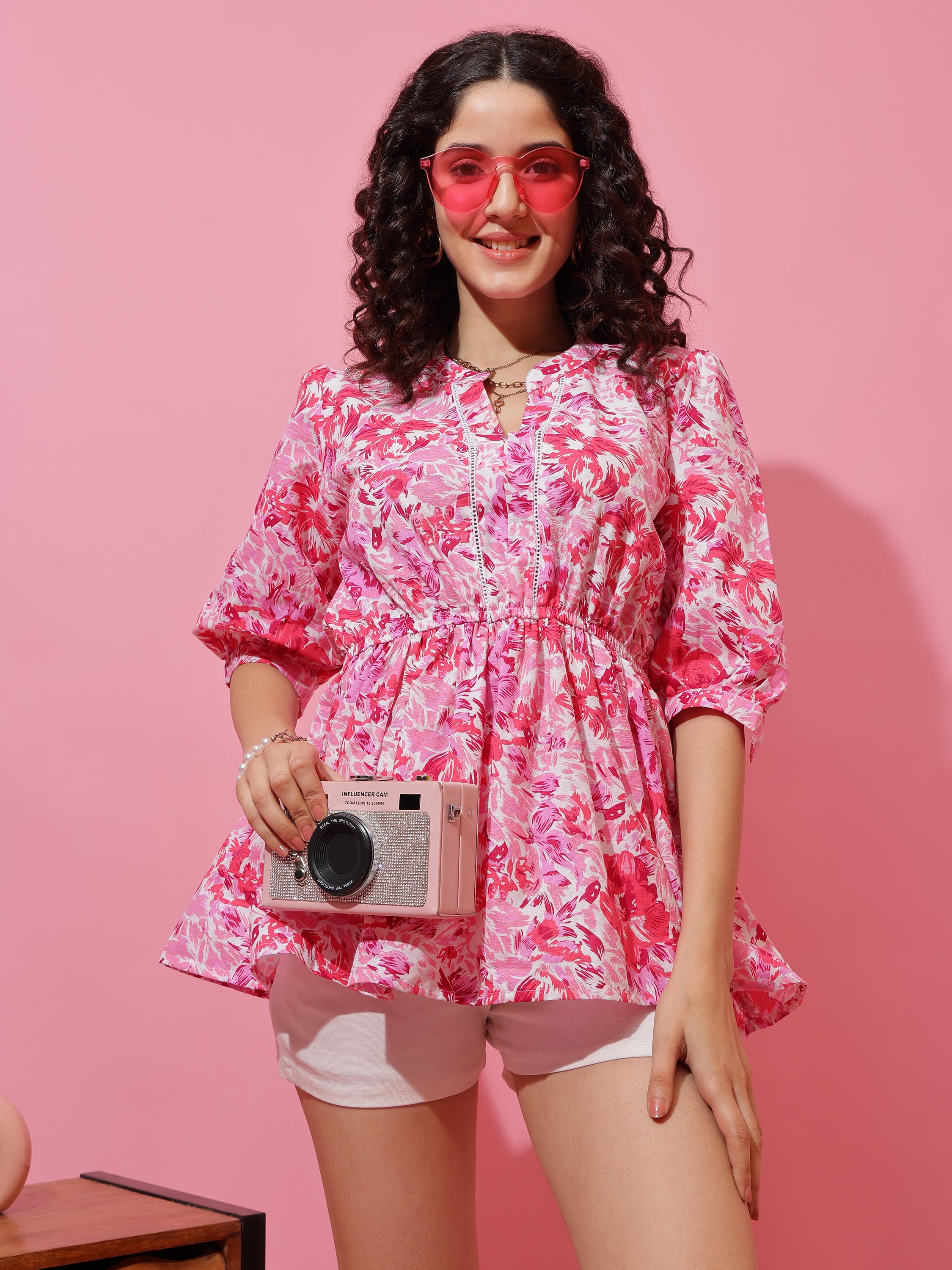Pink Floral Printed Top with Regular Sleeves for Women