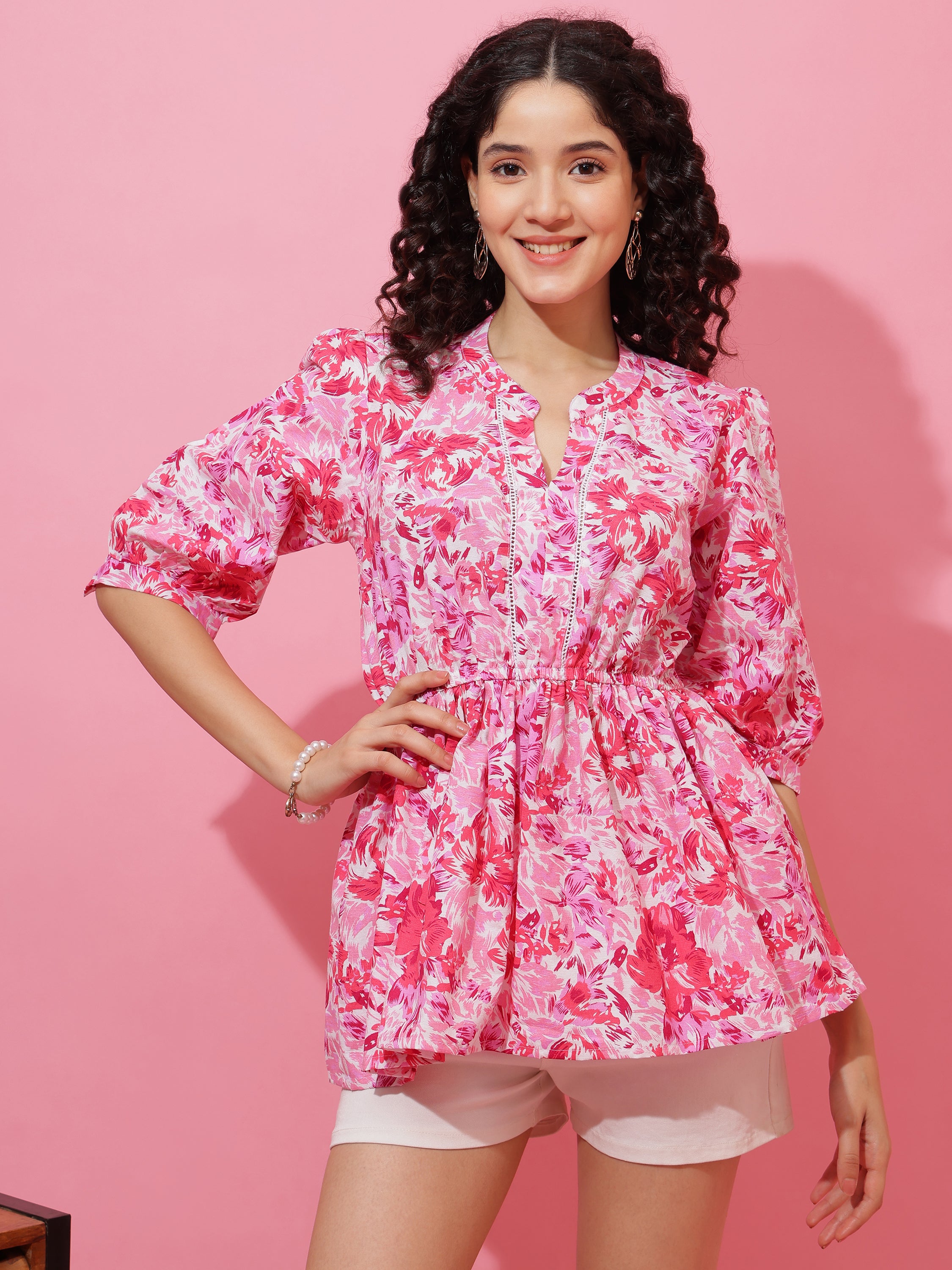 Pink Floral Printed Top with Regular Sleeves for Women