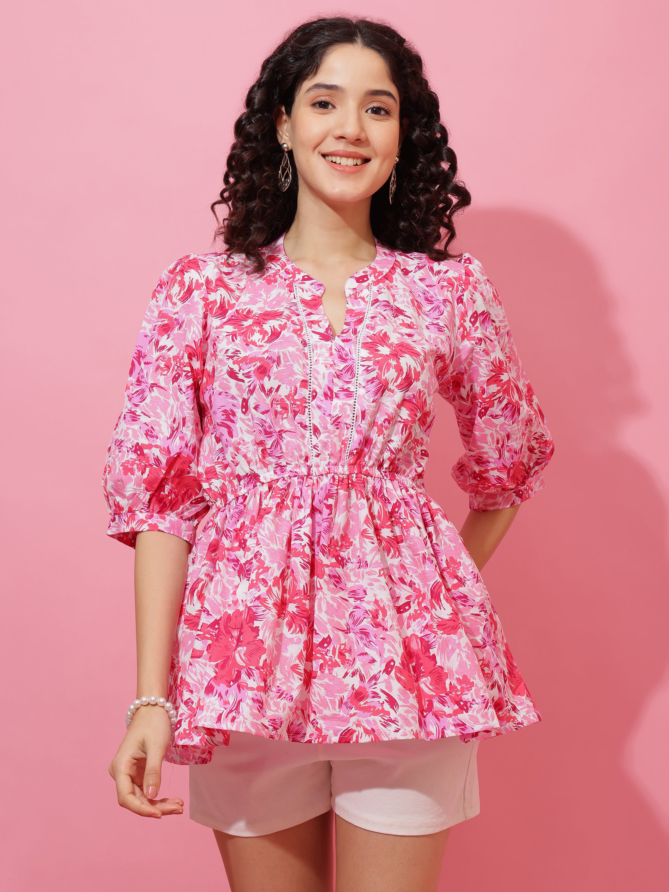 Pink Floral Printed Top with Regular Sleeves for Women