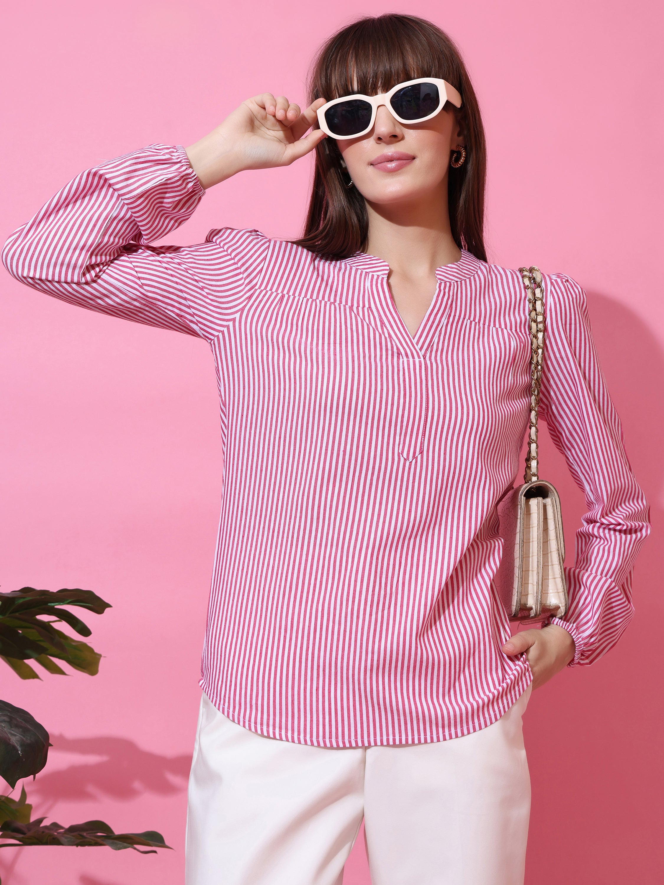 Women’s Pink & White Vertical Striped V-Neck Casual Top with Long Sleeves