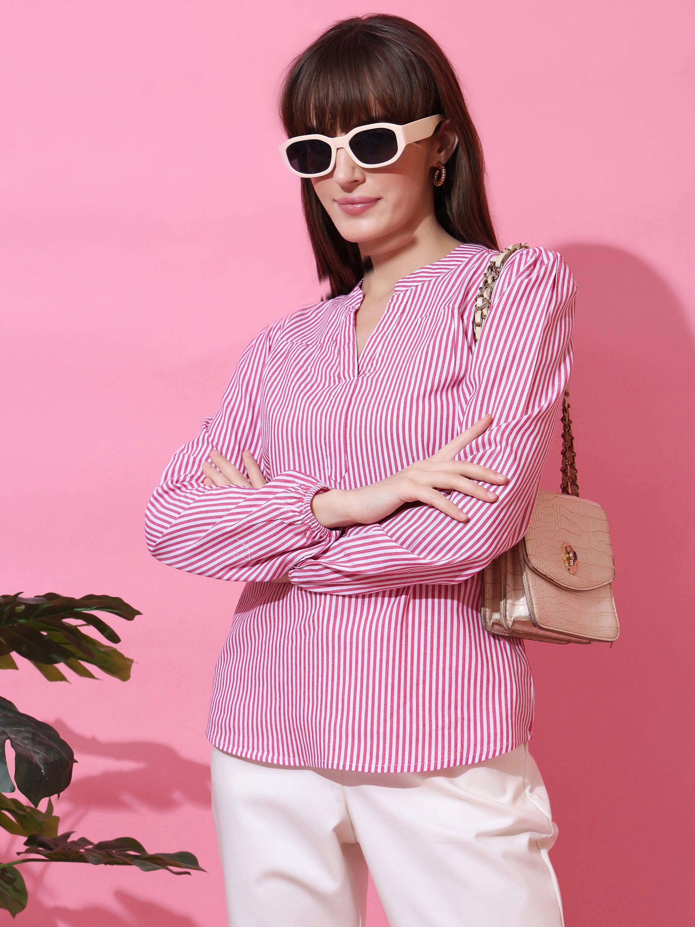 Women’s Pink & White Vertical Striped V-Neck Casual Top with Long Sleeves