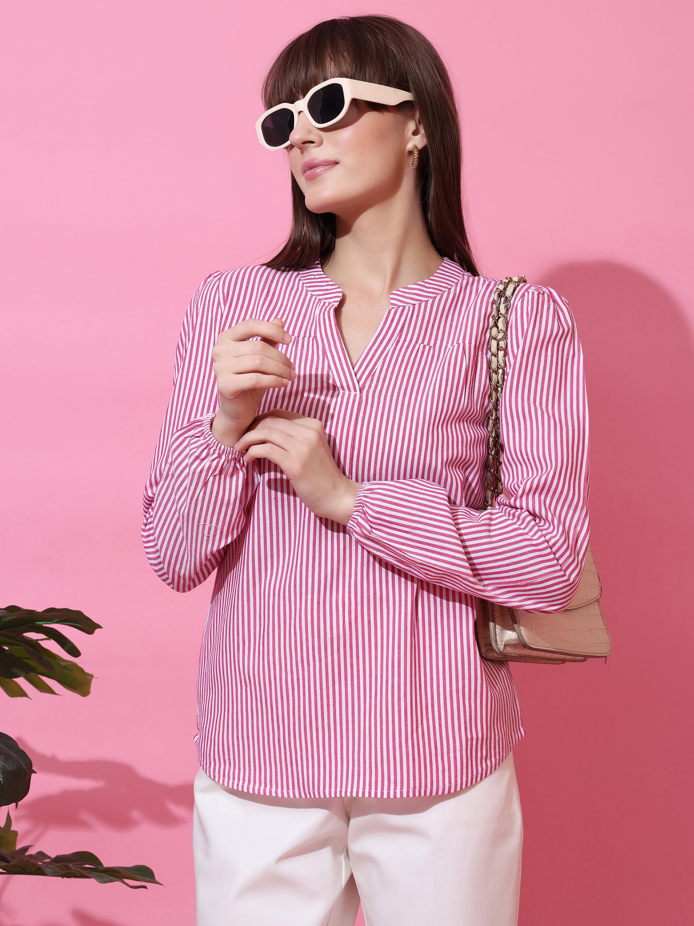 Women’s Pink & White Vertical Striped V-Neck Casual Top with Long Sleeves