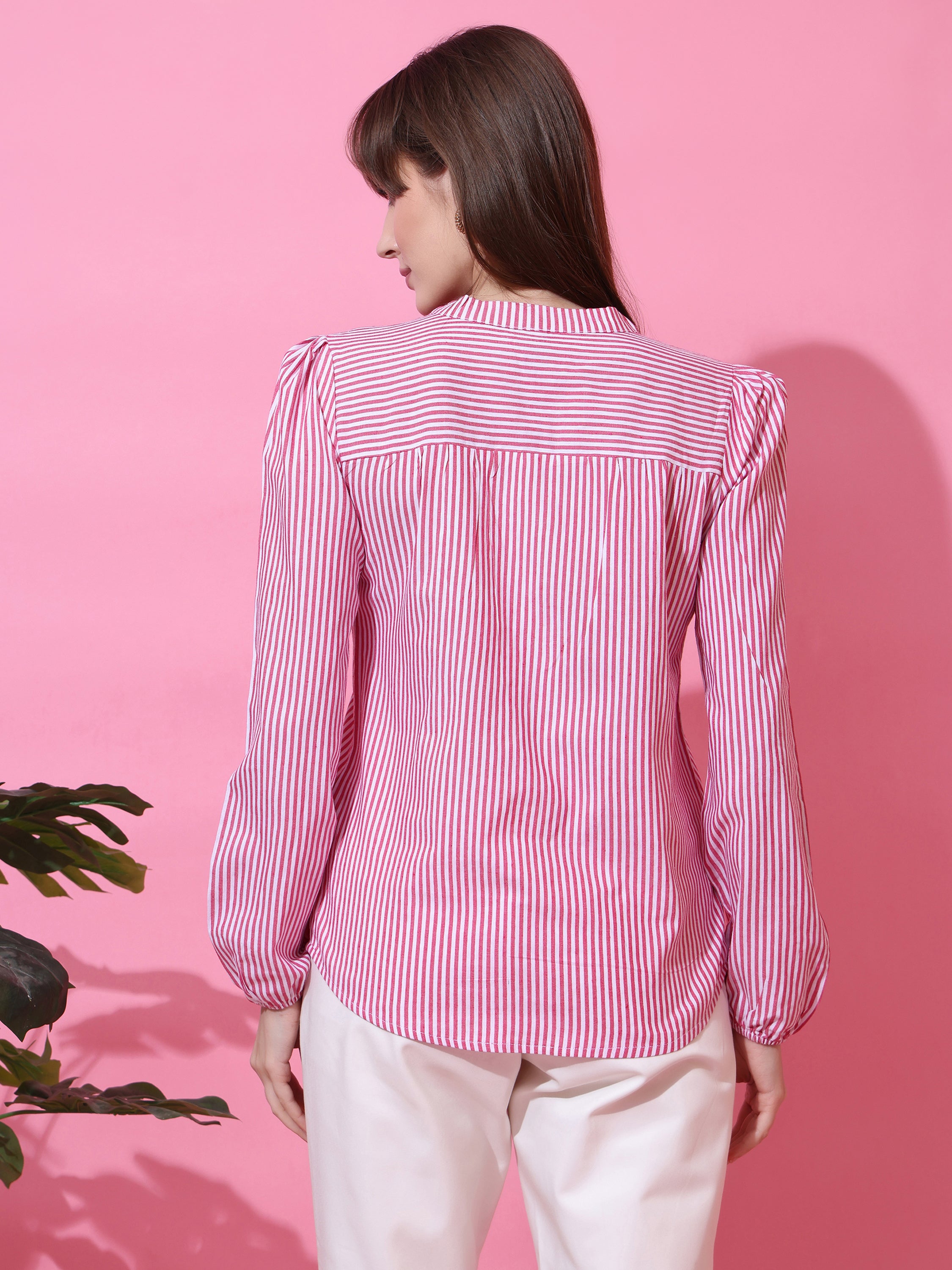 Women’s Pink & White Vertical Striped V-Neck Casual Top with Long Sleeves
