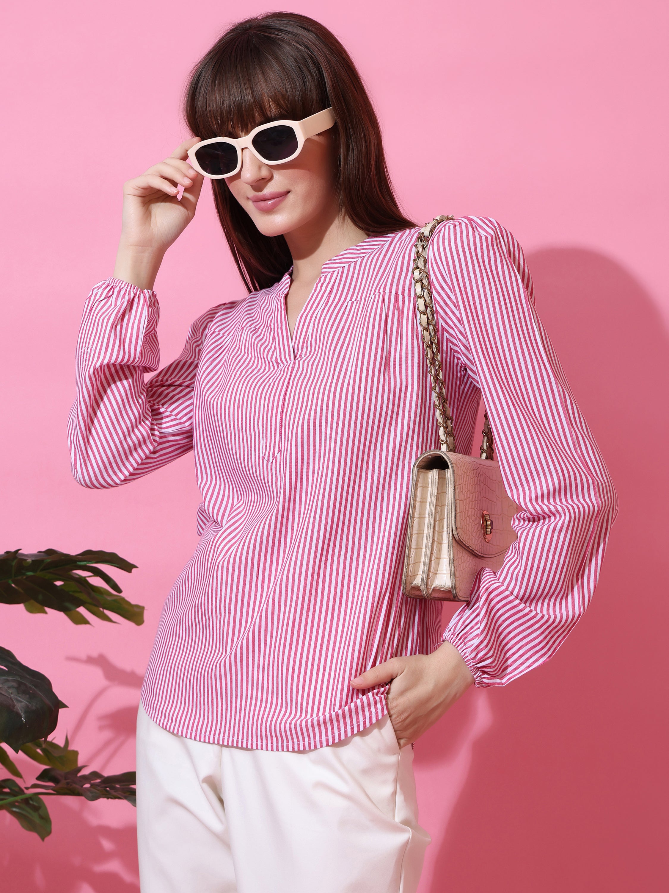 Women’s Pink & White Vertical Striped V-Neck Casual Top with Long Sleeves