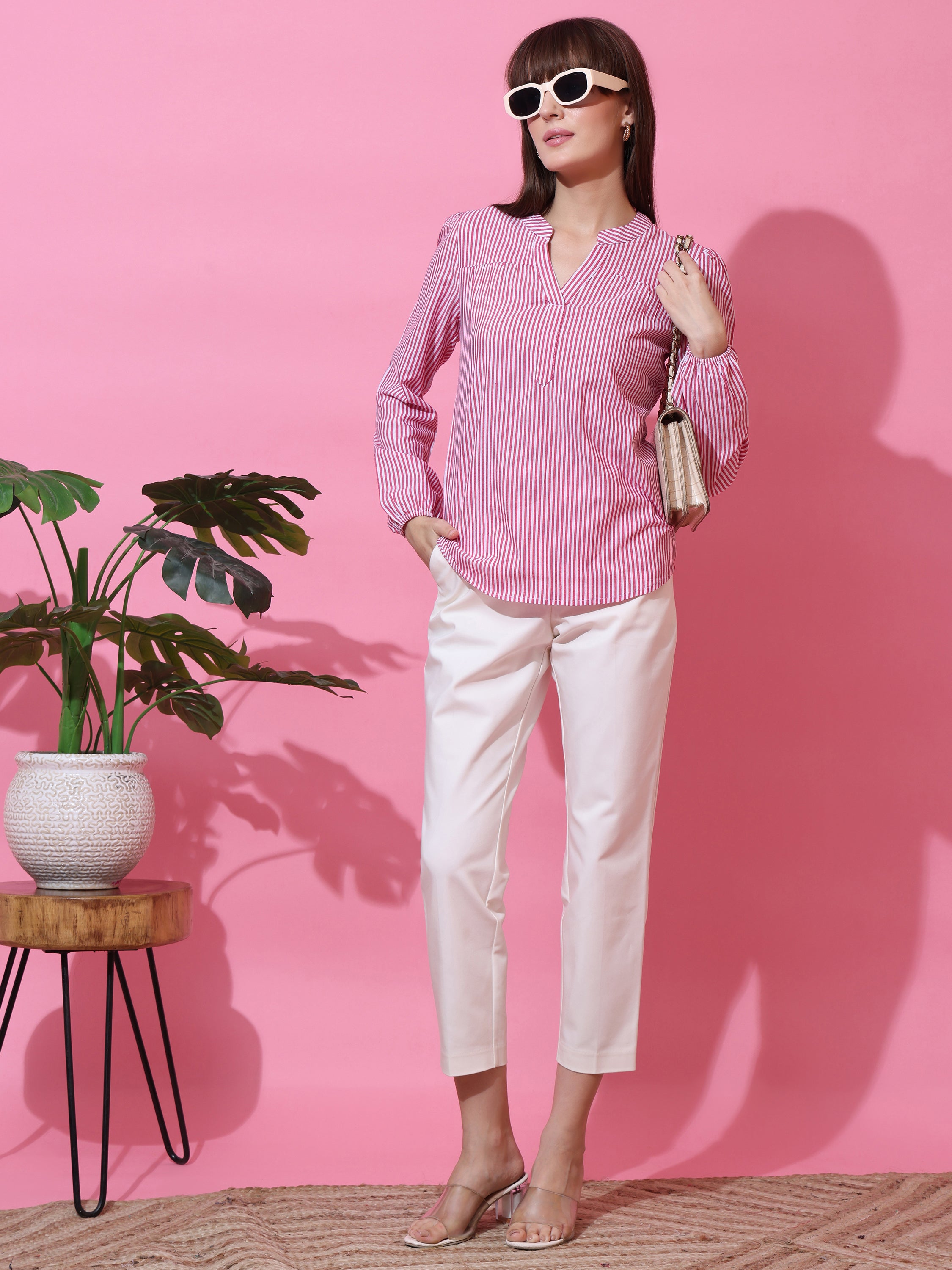 Women’s Pink & White Vertical Striped V-Neck Casual Top with Long Sleeves
