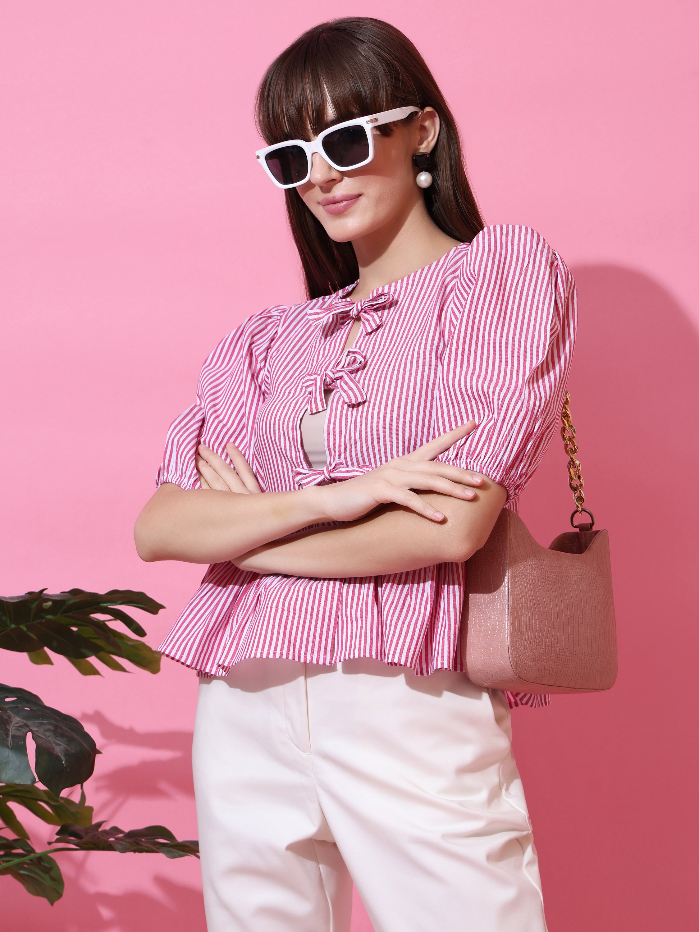 Women’s Pink & White Striped Peplum Top with Front Tie-Up Bows and Puff Sleeves