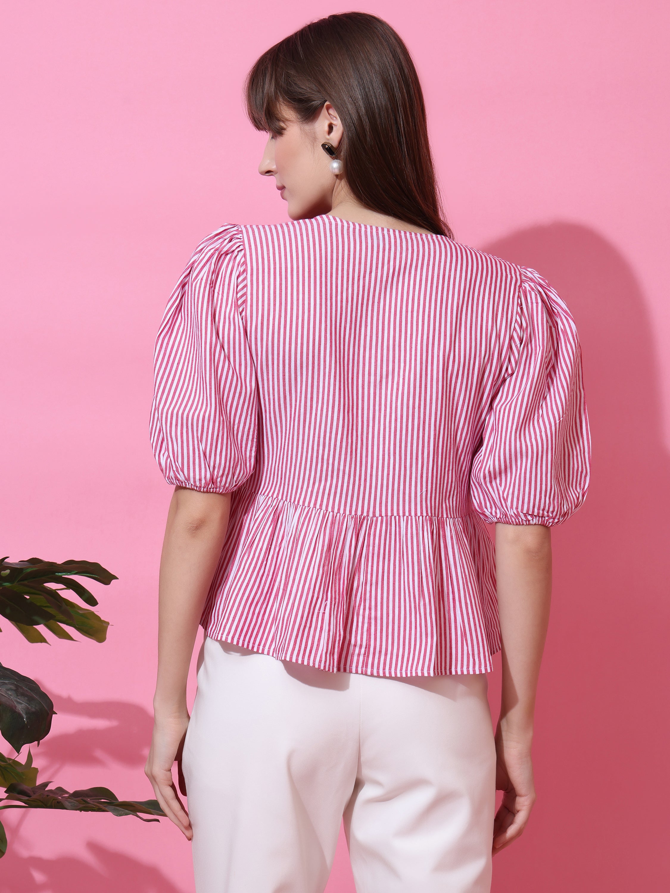 Women’s Pink & White Striped Peplum Top with Front Tie-Up Bows and Puff Sleeves